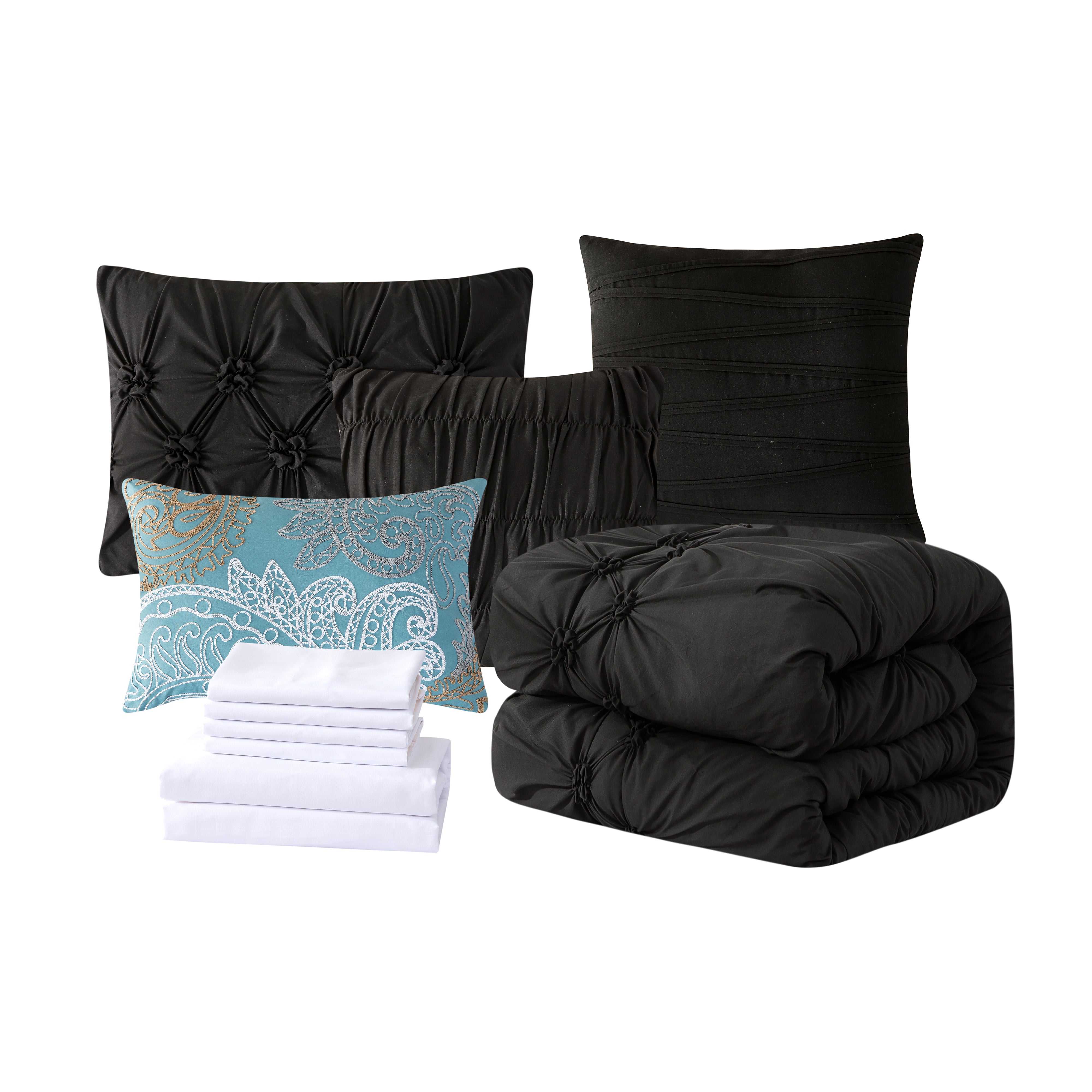 Everlaneas 12-Piece Ella Pleated Ruched Pintuck Comforter Set, Includes 6-Piece Sheet Set with Double Sided Storage Pockets