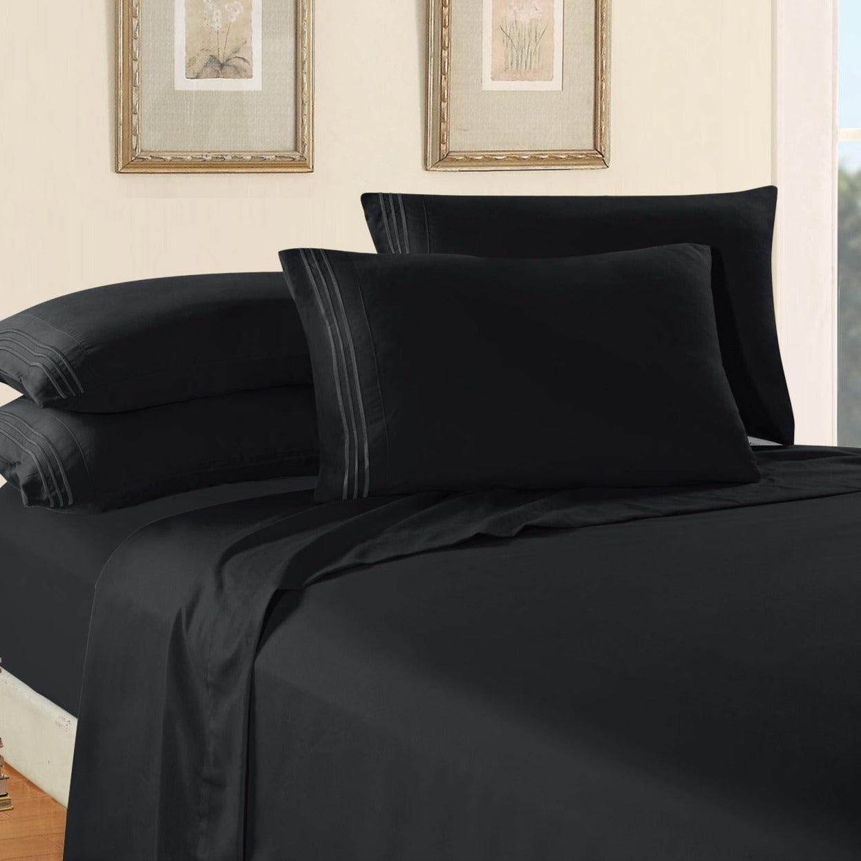 Everlaneas Essential 6-Piece 3-Line Embroidery Sheet Set, Soft as a Hotel Premium Quality,  Moody Shades