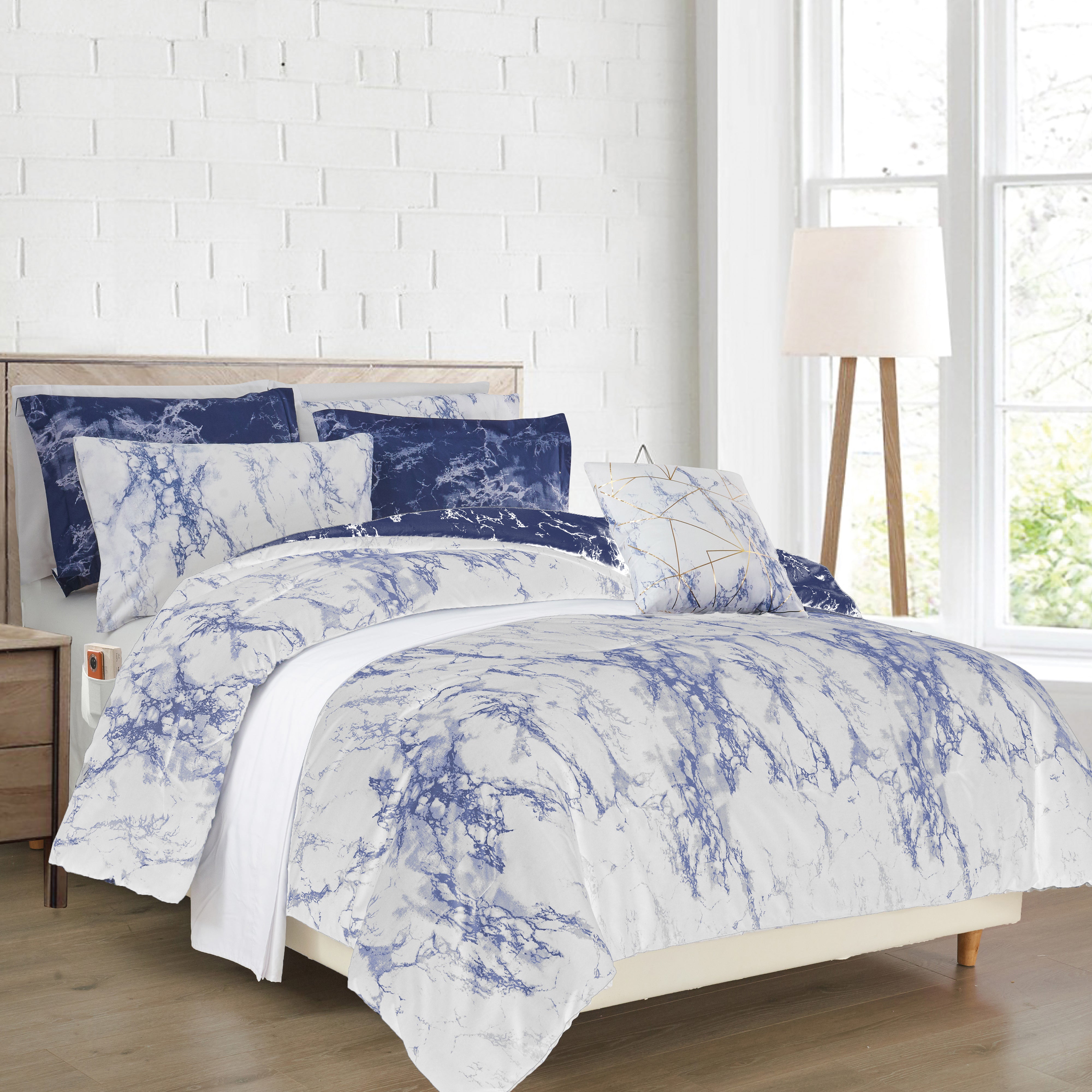 Everlaneas Reversible 10-Piece Marble Print Comforter Set, Includes 6-Piece Sheet Set with Double Sided Storage Pockets
