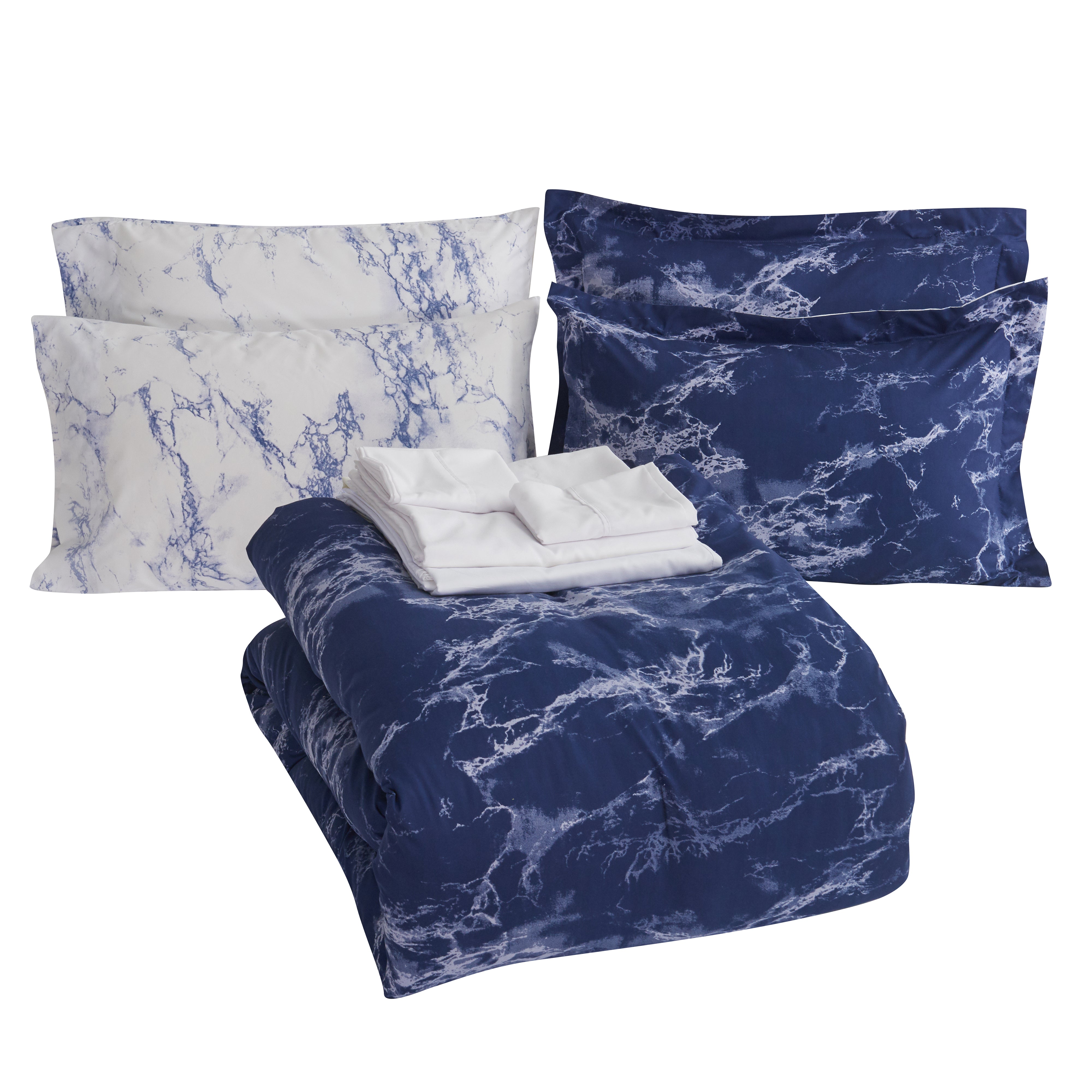 Everlaneas Reversible 10-Piece Marble Print Comforter Set, Includes 6-Piece Sheet Set with Double Sided Storage Pockets