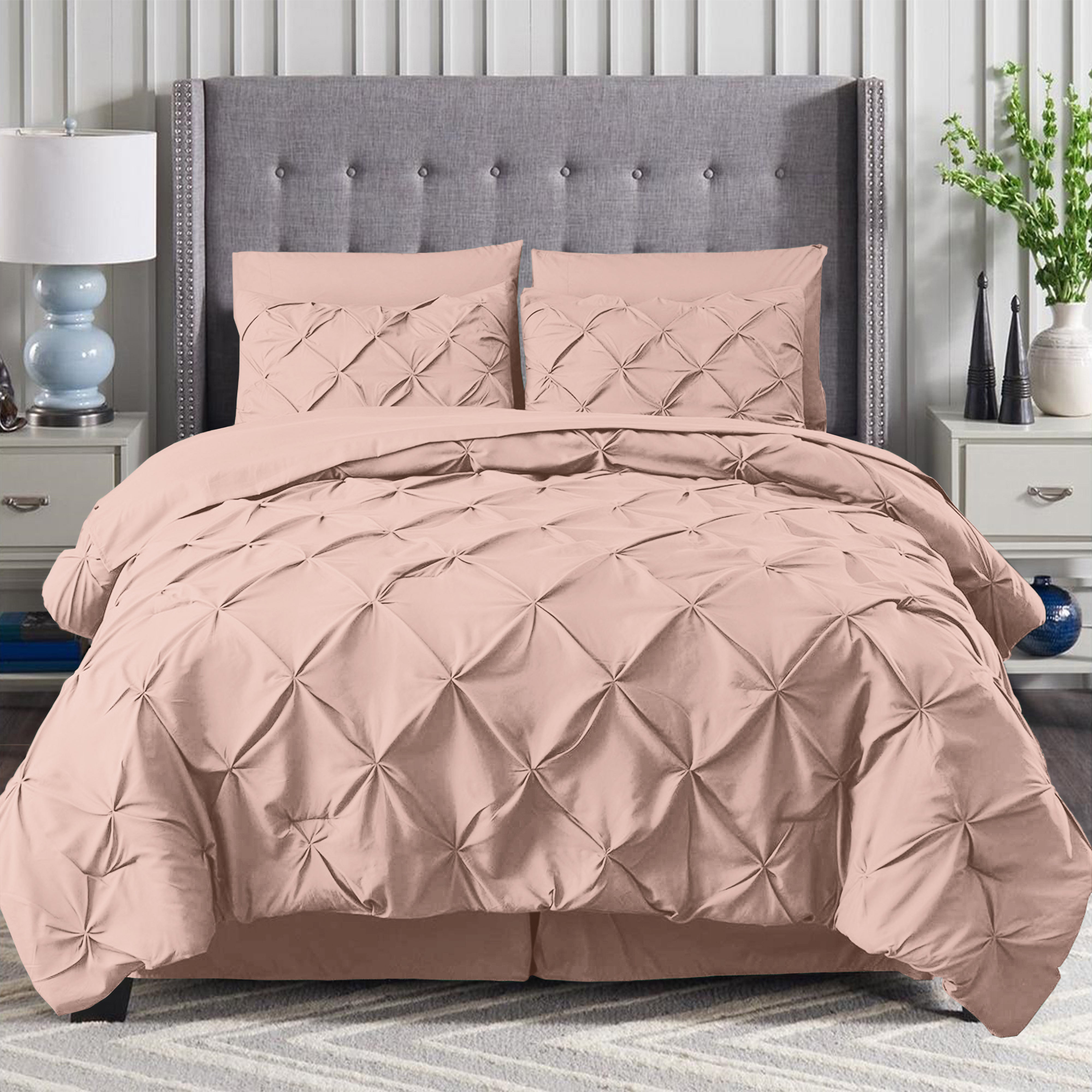 Everlaneas 8-Piece Pintuck Pinch Pleated Comforter Set - Includes 4-Piece Sheet Set with Double Sided Storage Pockets