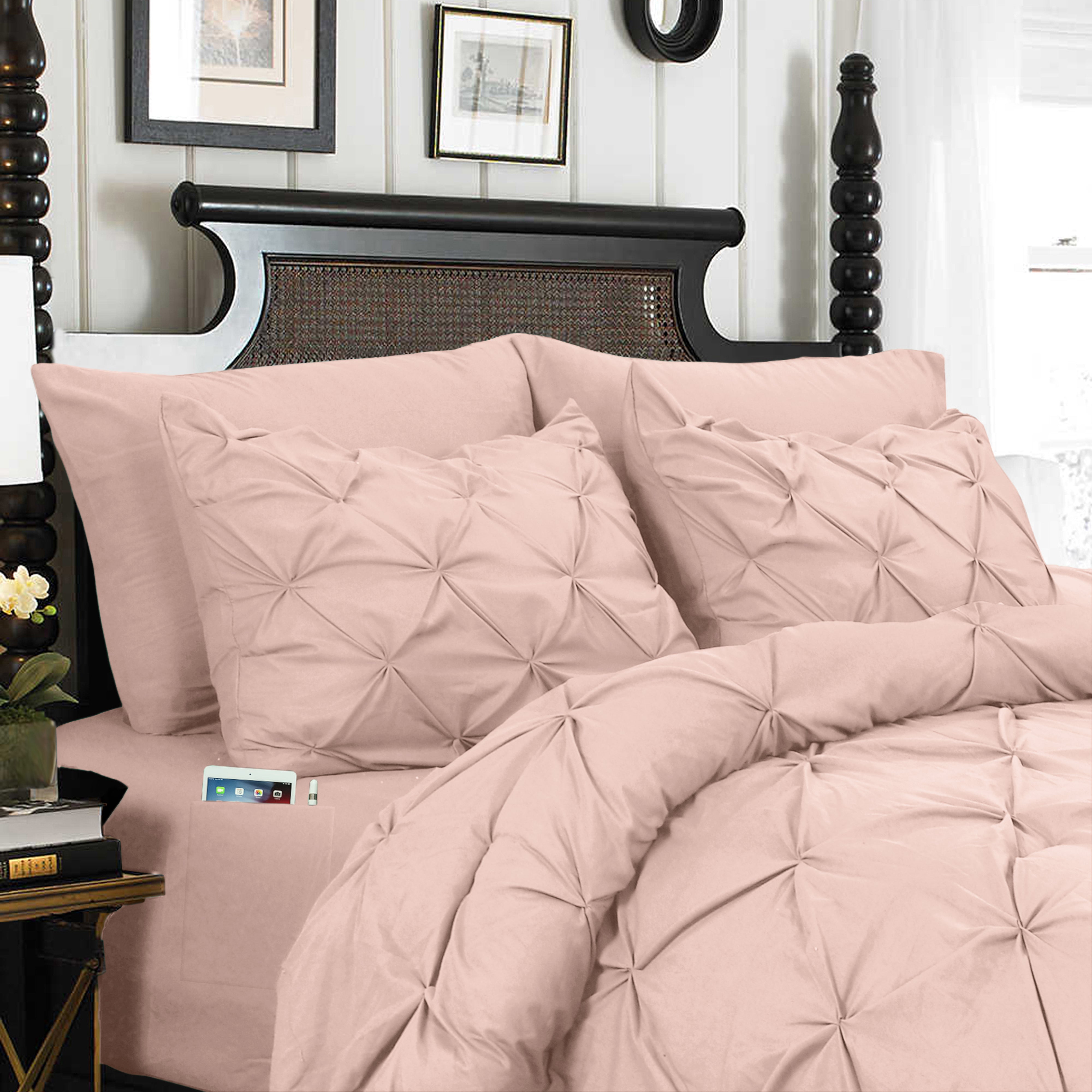 Everlaneas 8-Piece Pintuck Pinch Pleated Comforter Set - Includes 4-Piece Sheet Set with Double Sided Storage Pockets