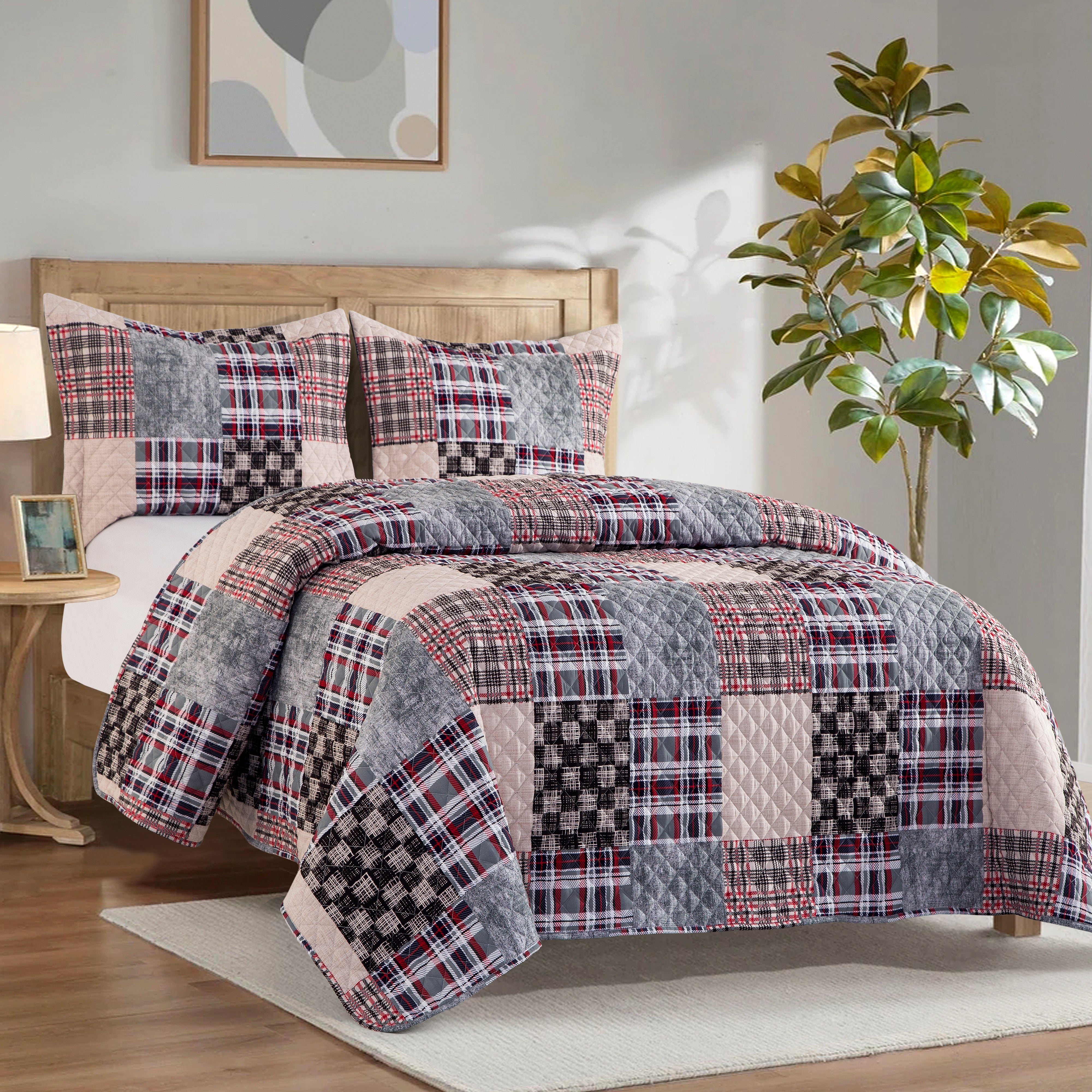 Everlaneas 3-Piece Patch Plaid Quilted Reversible Bedspread Coverlet Set