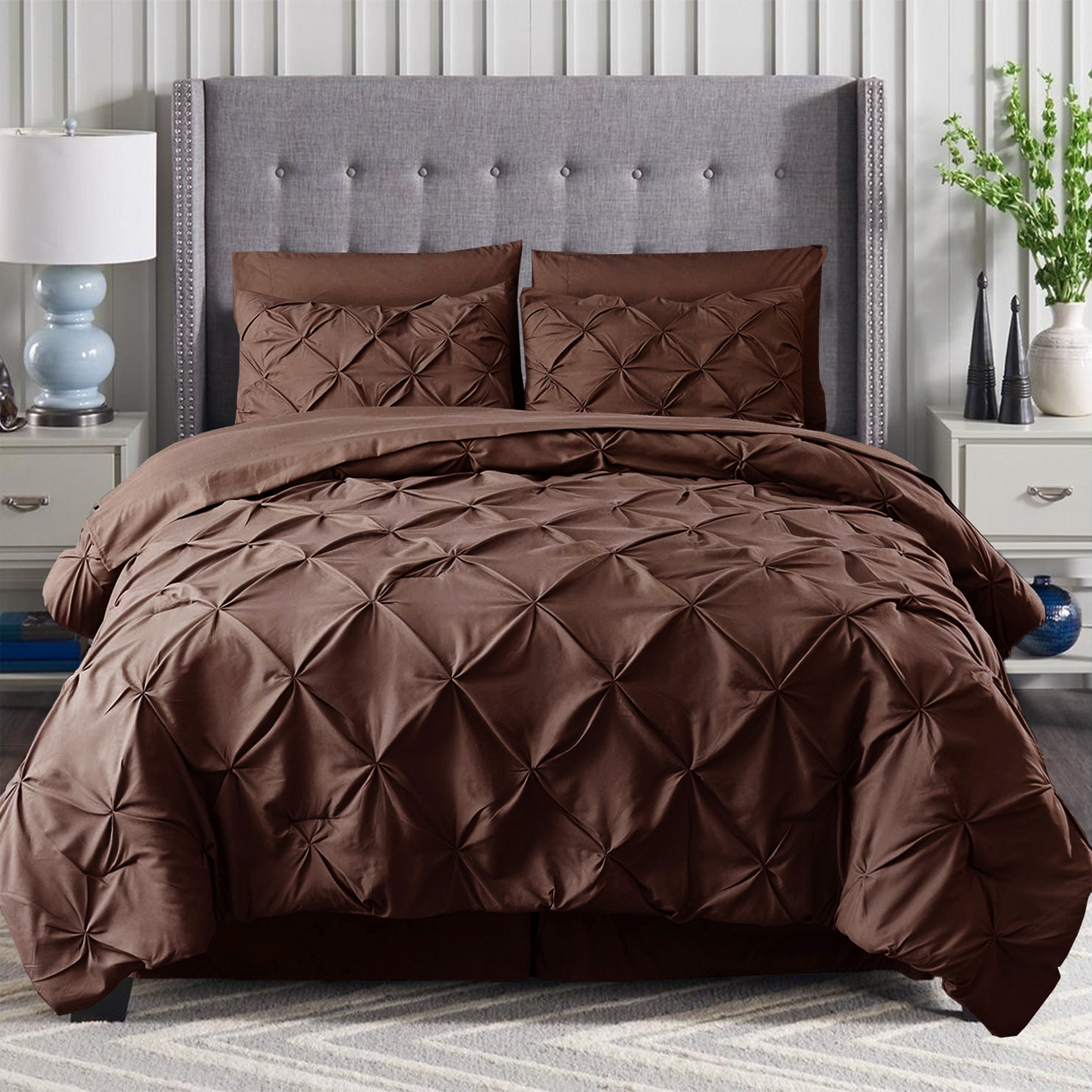 Everlaneas 8-Piece Pintuck Pinch Pleated Comforter Set - Includes 4-Piece Sheet Set with Double Sided Storage Pockets