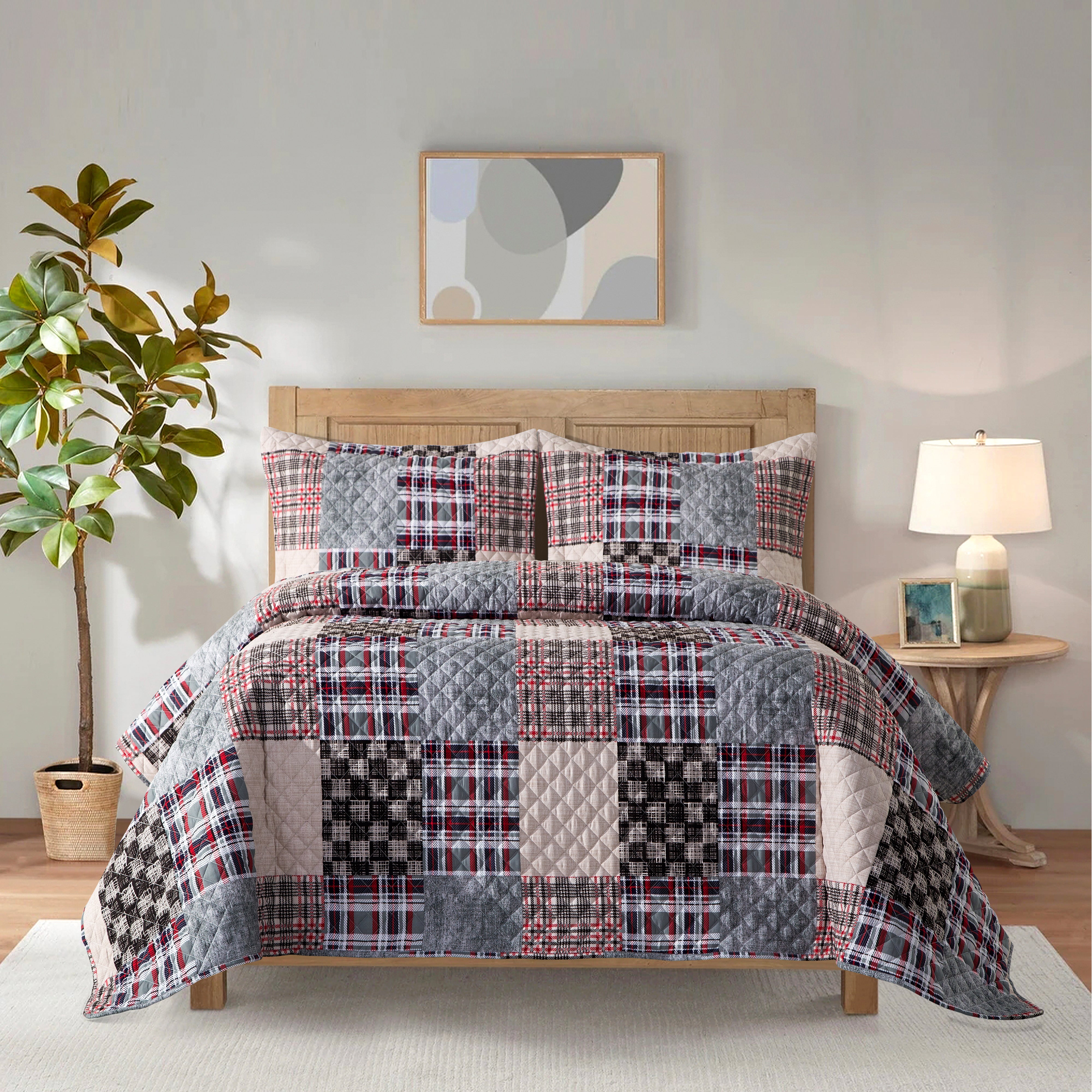 Everlaneas 3-Piece Patch Plaid Quilted Reversible Bedspread Coverlet Set