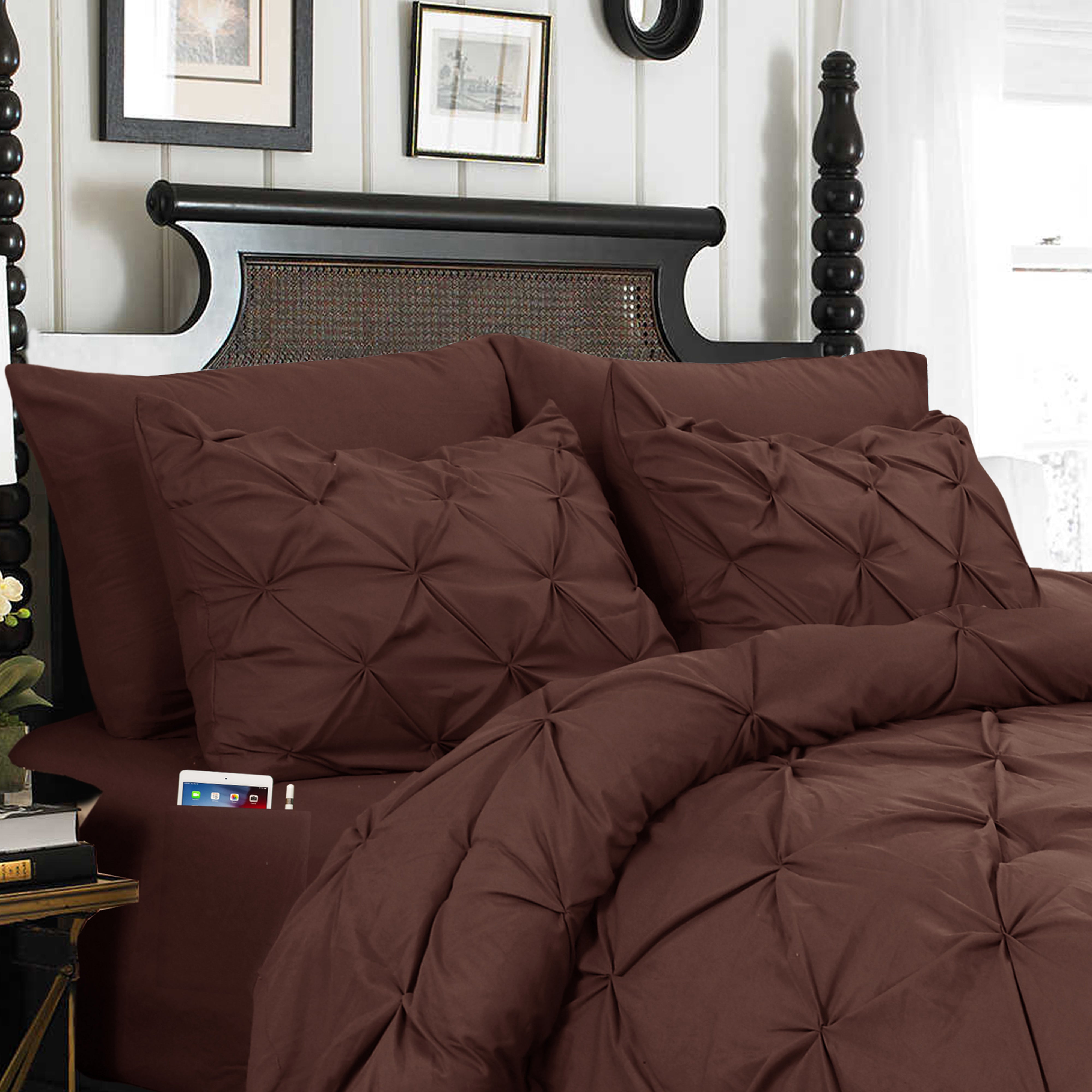 Everlaneas 8-Piece Pintuck Pinch Pleated Comforter Set - Includes 4-Piece Sheet Set with Double Sided Storage Pockets