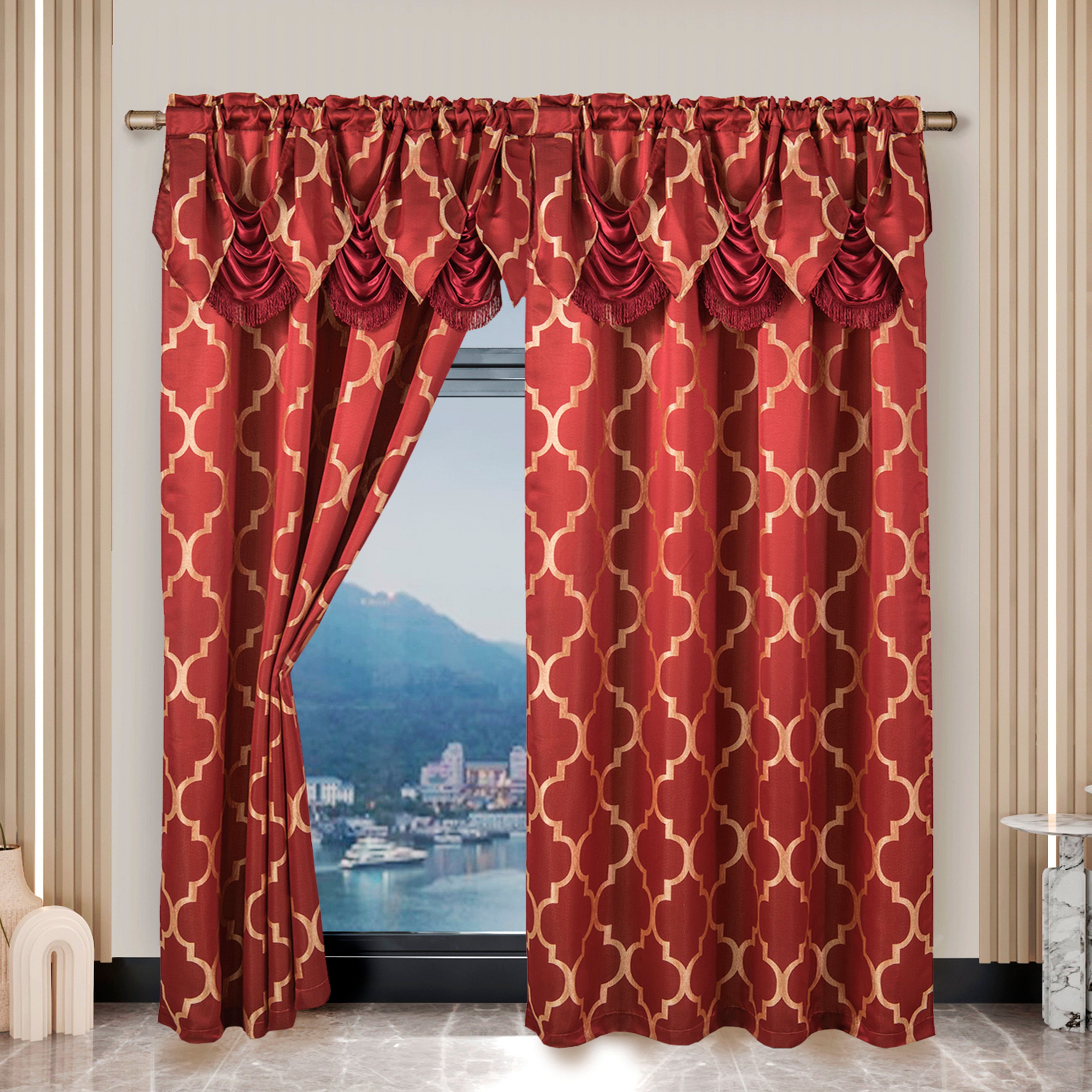 Everlaneas 2-Piece Quatrefoil - Moroccan Trellis Jacquard Look Curtain Panels- Attached Valance - 54" W x 84" L, Set of 2
