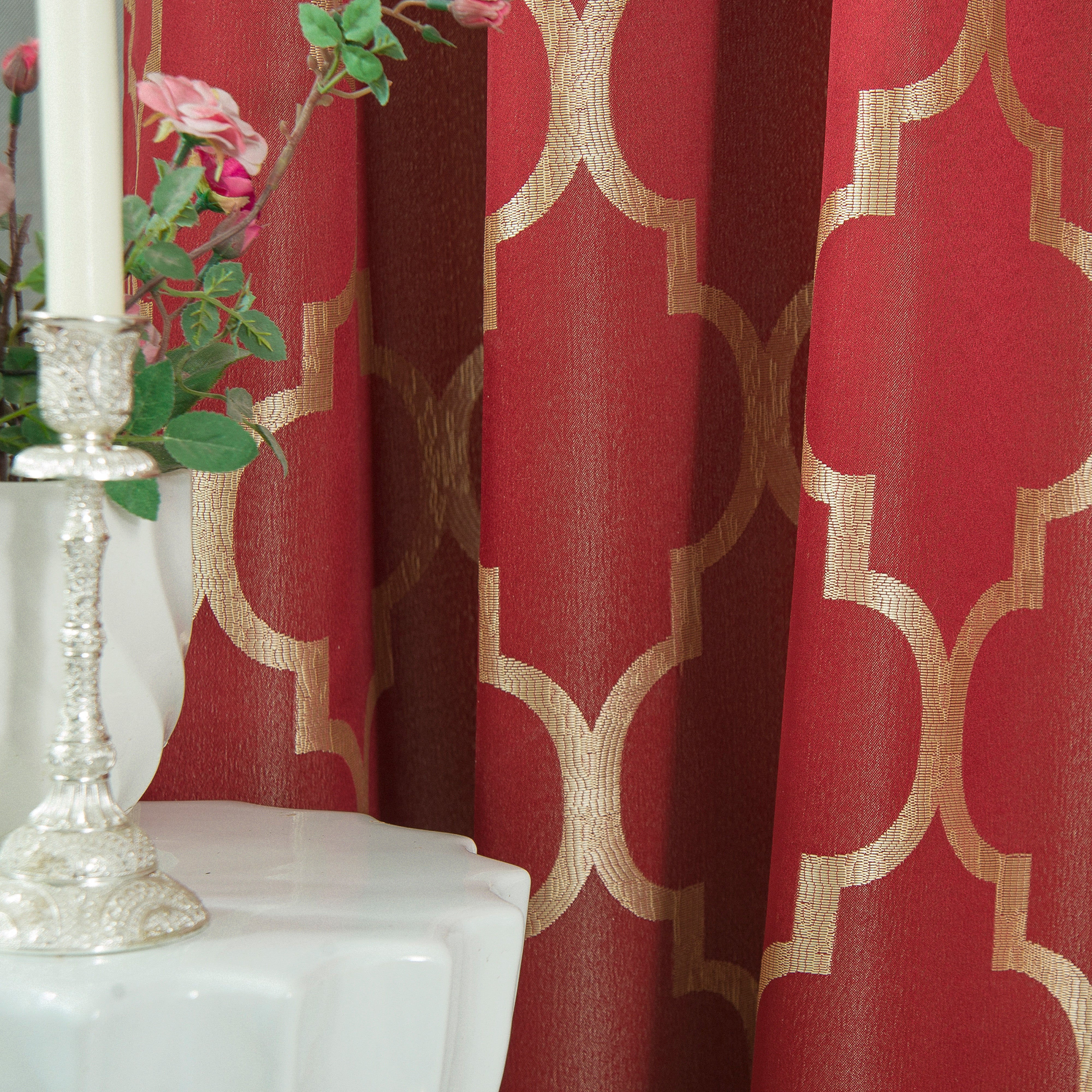 Everlaneas 2-Piece Quatrefoil - Moroccan Trellis Jacquard Look Curtain Panels- Attached Valance - 54" W x 84" L, Set of 2