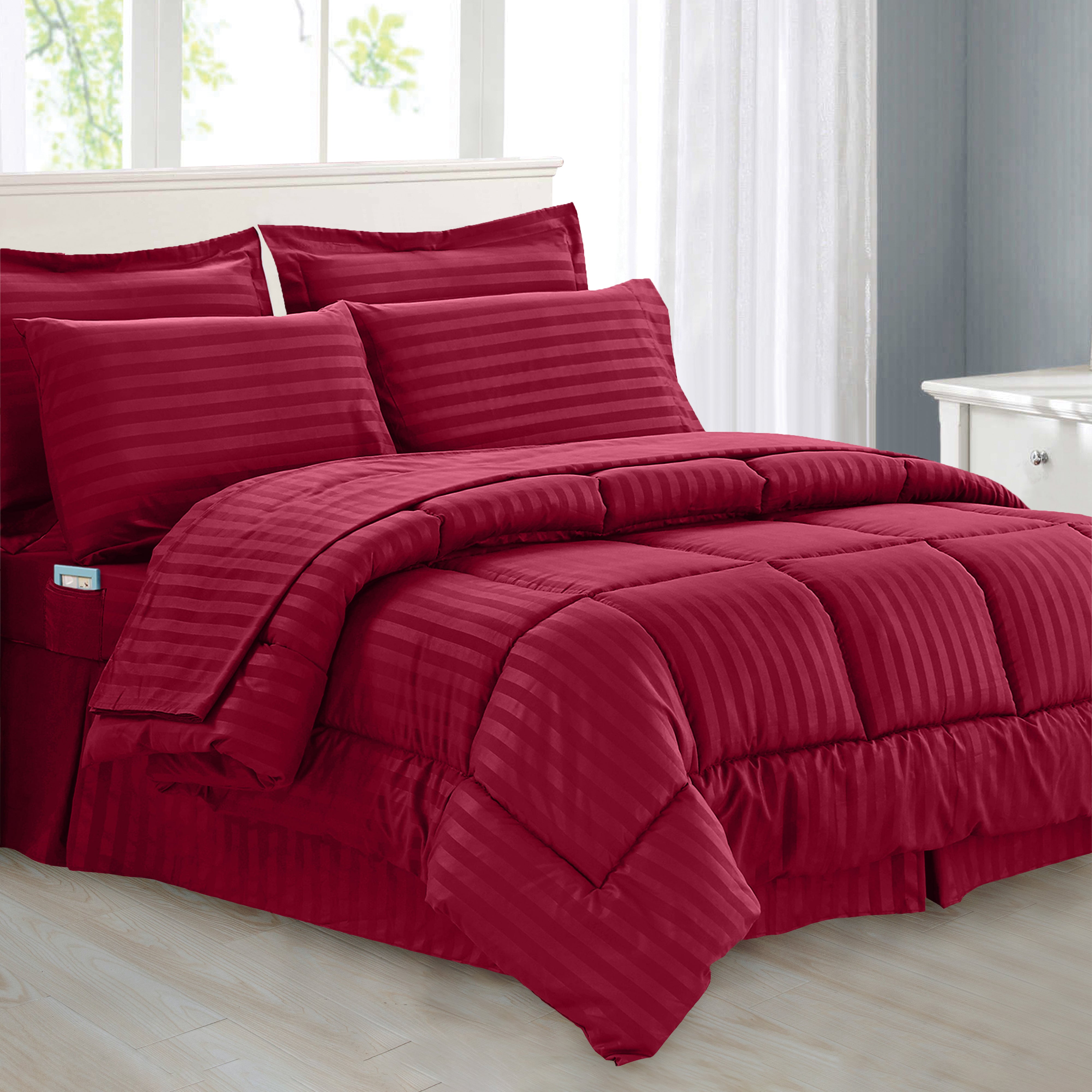 Everlaneas 8-Piece Dobby Stripe Comforter Set - Includes 4-Piece Sheet Set with Double Sided Storage Pockets