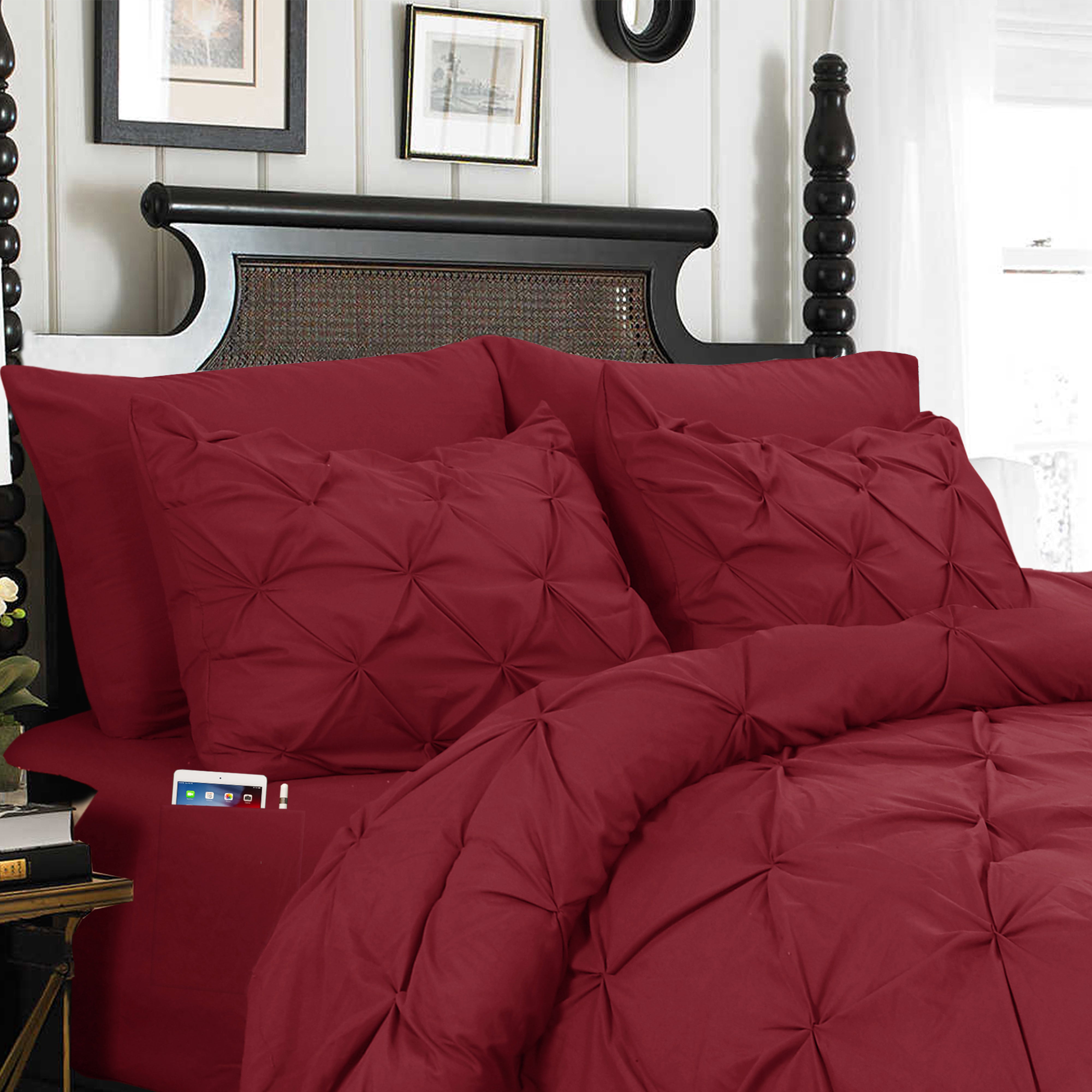 Everlaneas 8-Piece Pintuck Pinch Pleated Comforter Set - Includes 4-Piece Sheet Set with Double Sided Storage Pockets