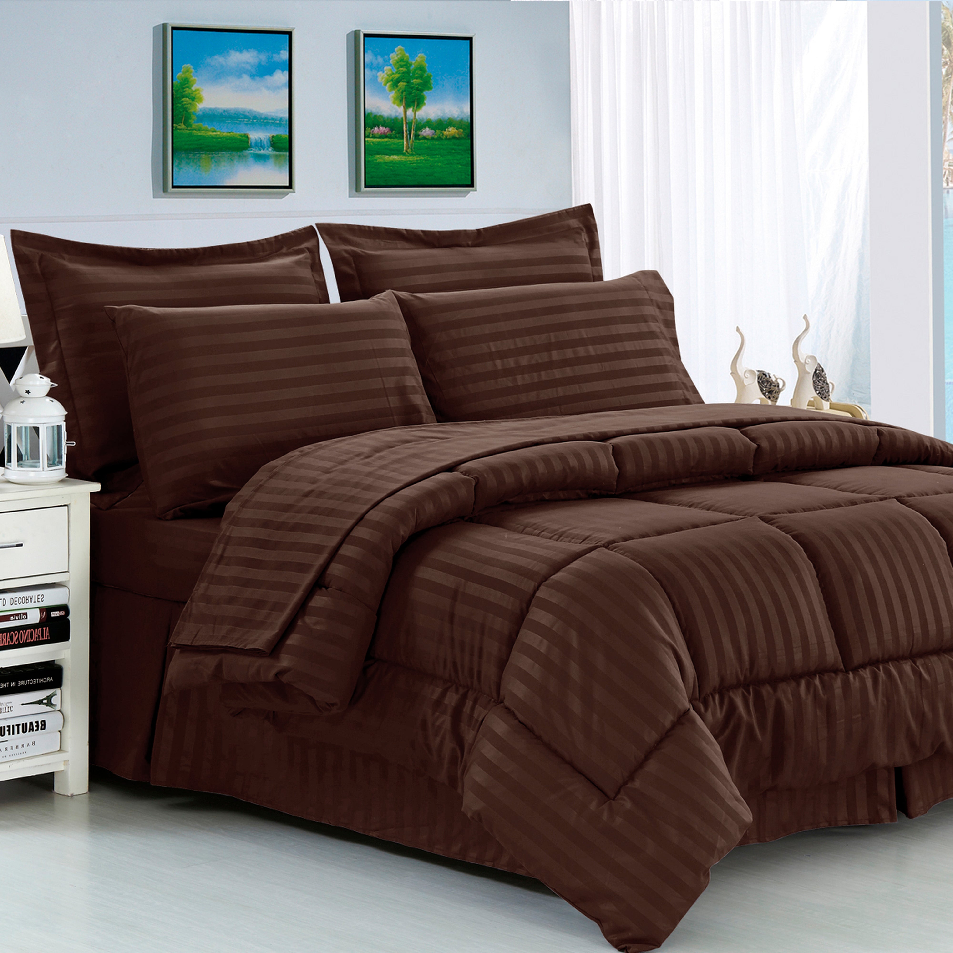 Everlaneas 8-Piece Dobby Stripe Comforter Set - Includes 4-Piece Sheet Set with Double Sided Storage Pockets