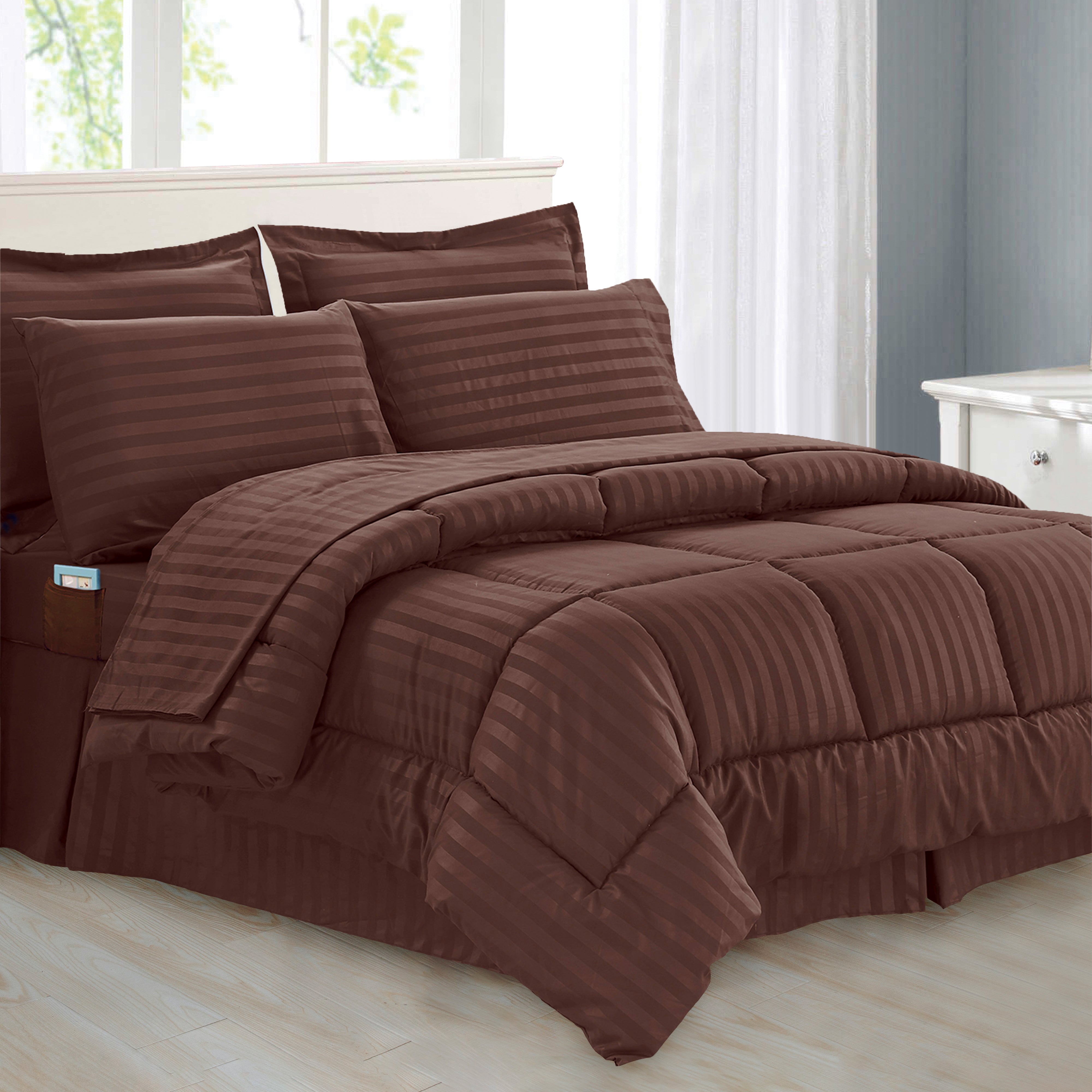 Everlaneas 8-Piece Dobby Stripe Comforter Set - Includes 4-Piece Sheet Set with Double Sided Storage Pockets