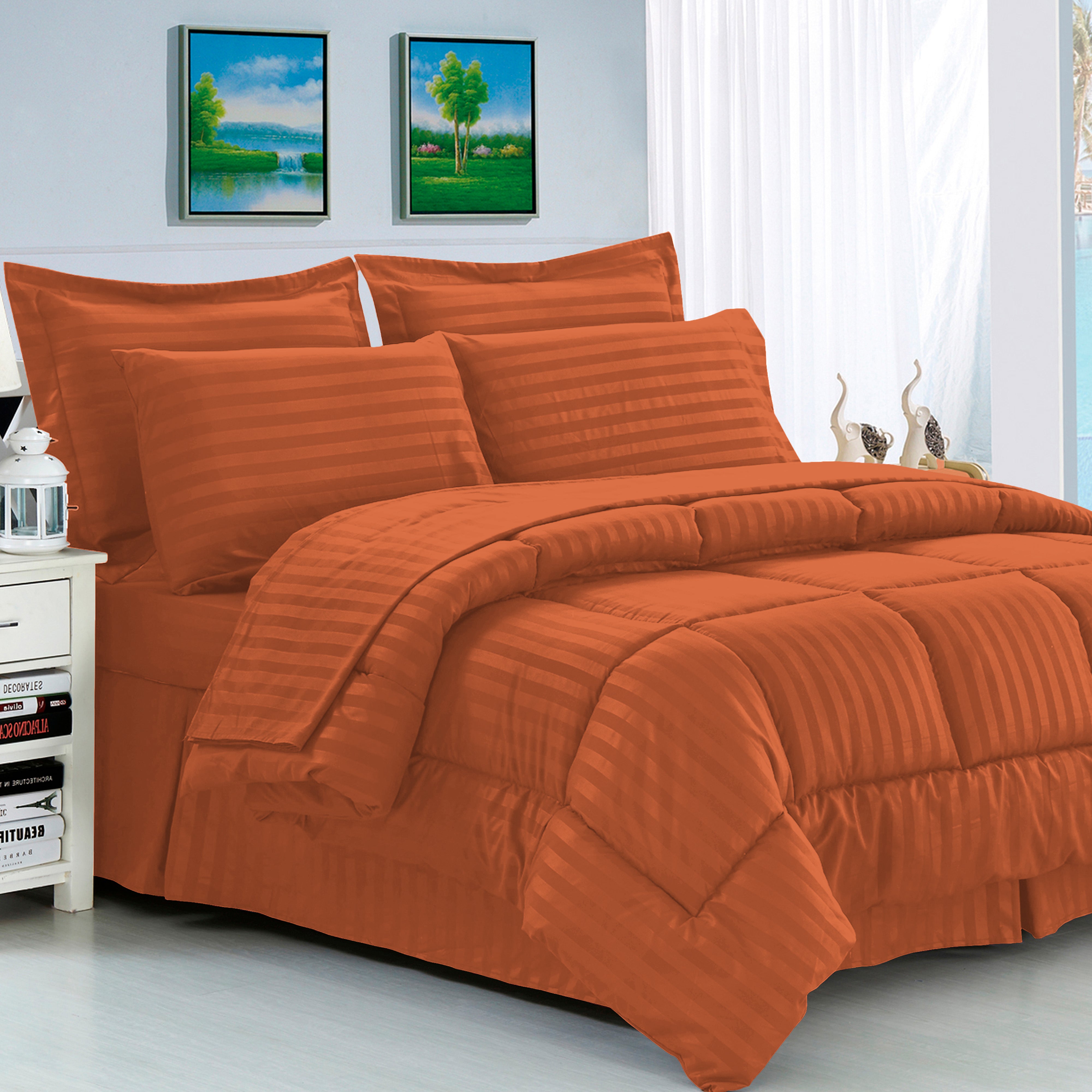 Everlaneas 8-Piece Dobby Stripe Comforter Set - Includes 4-Piece Sheet Set with Double Sided Storage Pockets