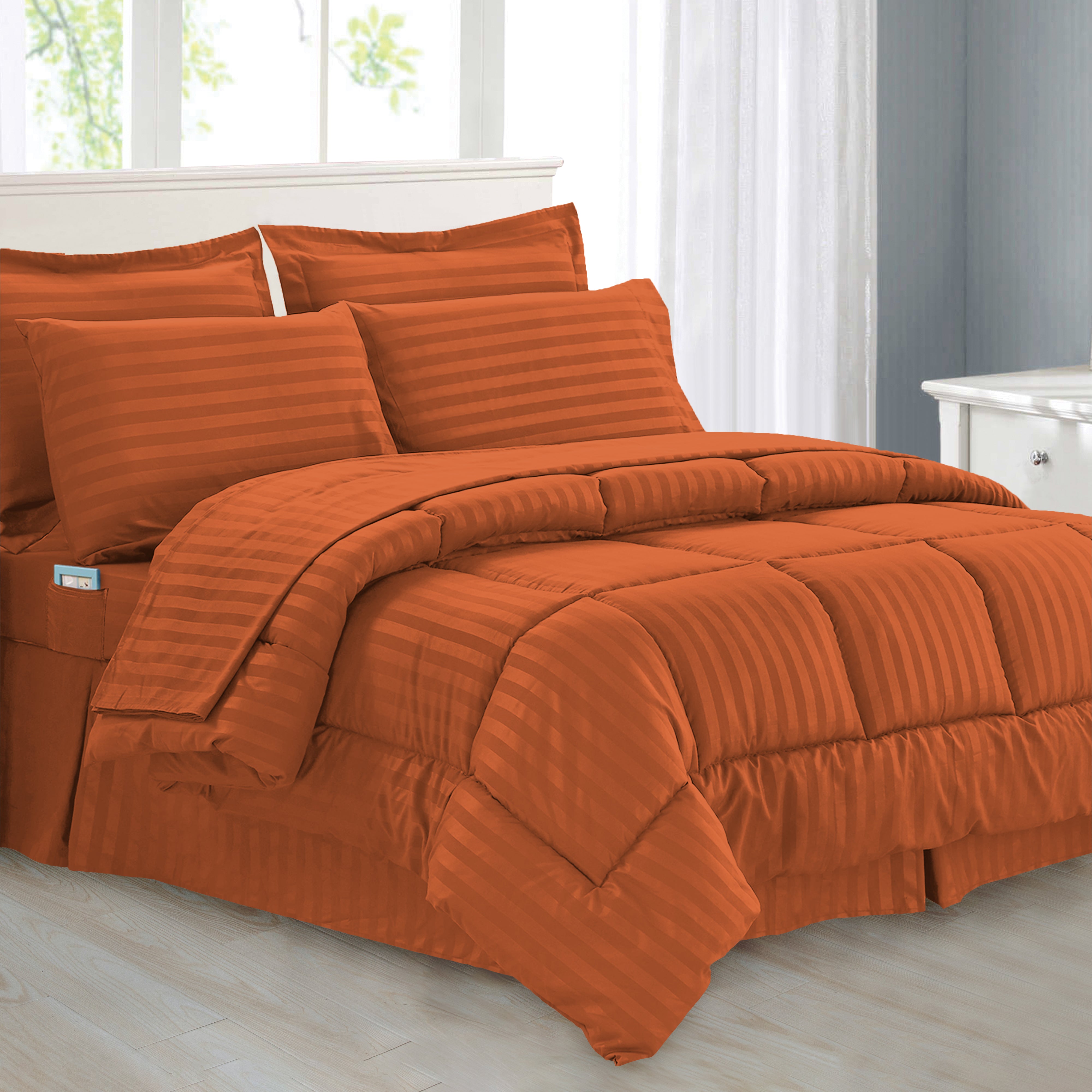 Everlaneas 8-Piece Dobby Stripe Comforter Set - Includes 4-Piece Sheet Set with Double Sided Storage Pockets