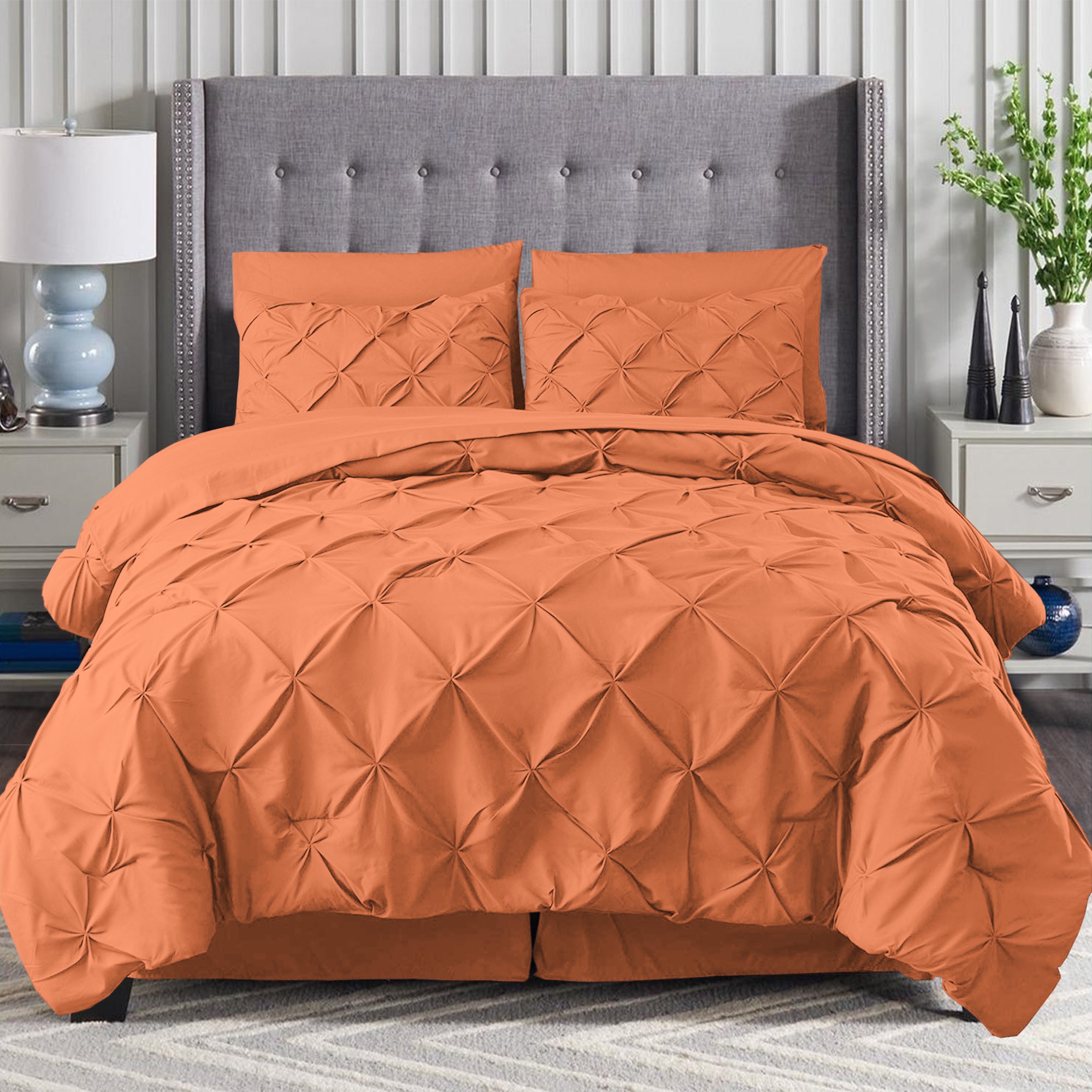 Everlaneas 8-Piece Pintuck Pinch Pleated Comforter Set - Includes 4-Piece Sheet Set with Double Sided Storage Pockets