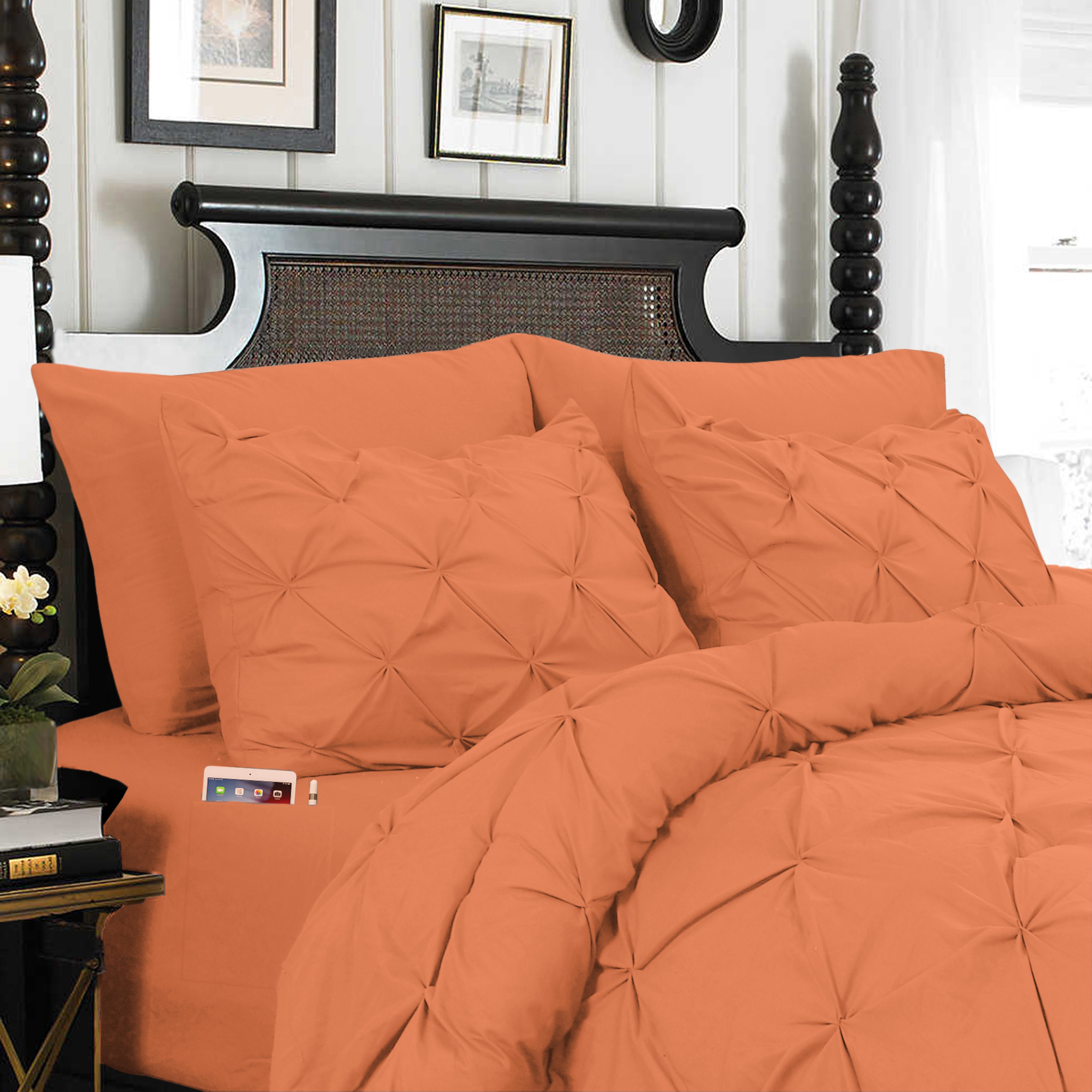 Everlaneas 8-Piece Pintuck Pinch Pleated Comforter Set - Includes 4-Piece Sheet Set with Double Sided Storage Pockets