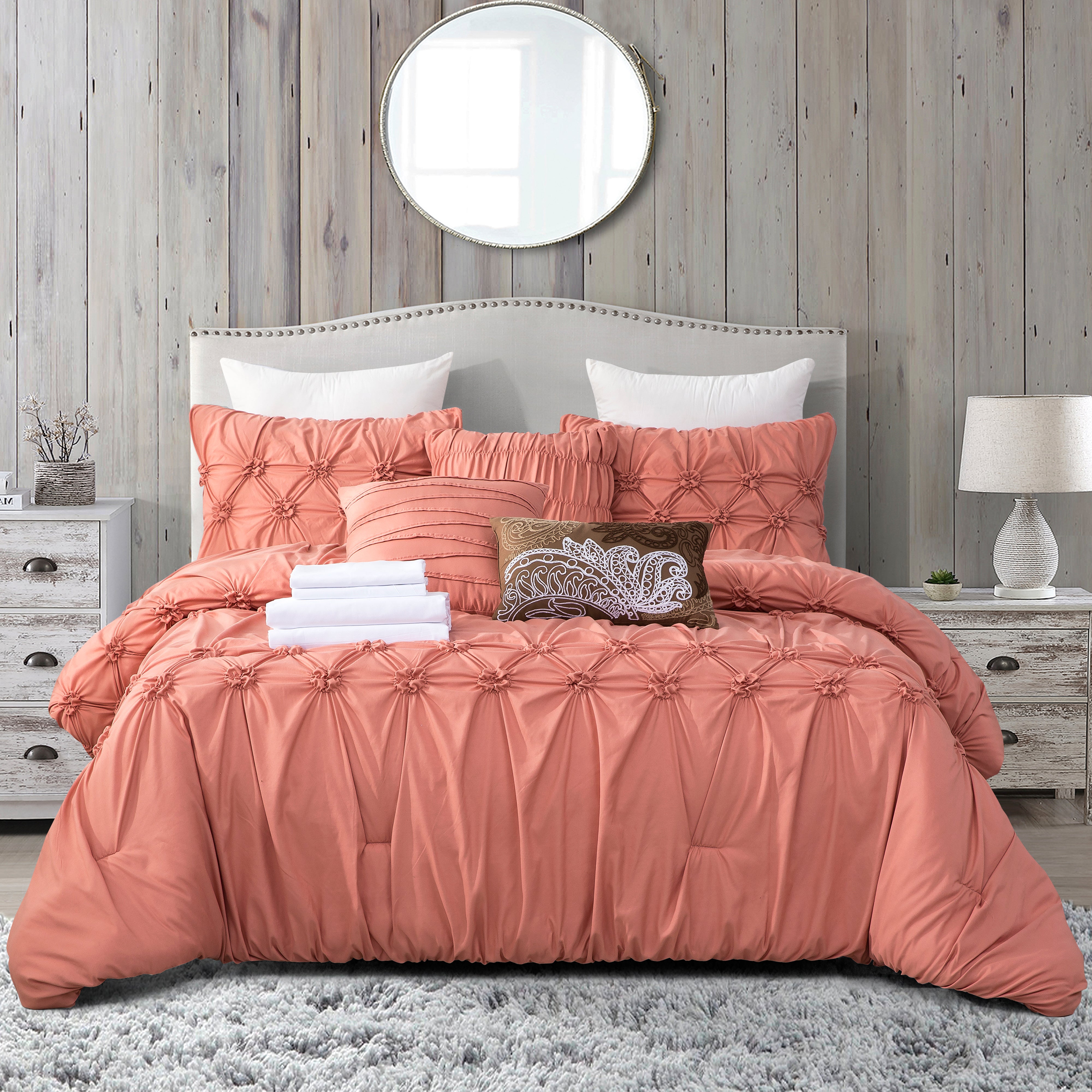 Everlaneas 12-Piece Ella Pleated Ruched Pintuck Comforter Set, Includes 6-Piece Sheet Set with Double Sided Storage Pockets