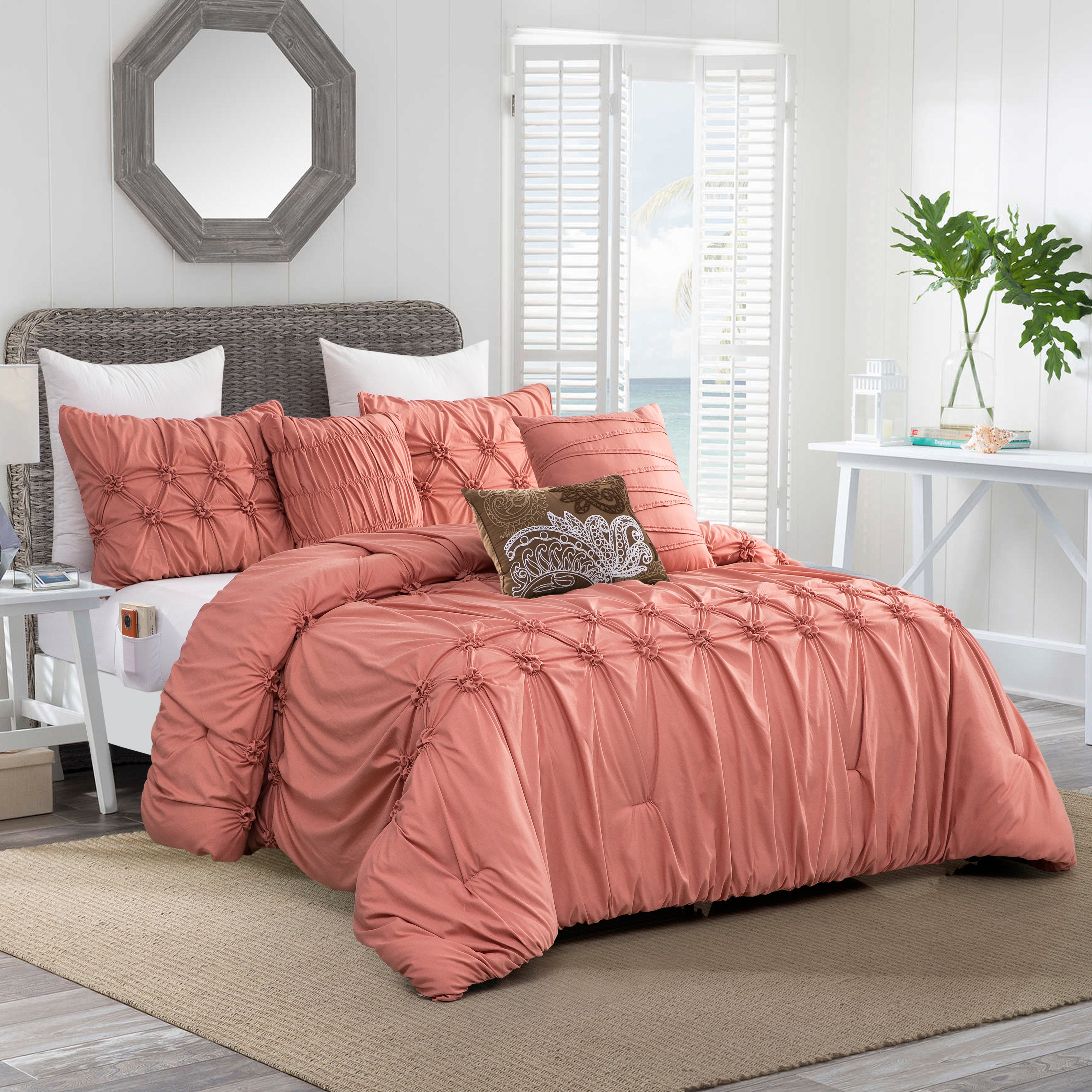 Everlaneas 12-Piece Ella Pleated Ruched Pintuck Comforter Set, Includes 6-Piece Sheet Set with Double Sided Storage Pockets