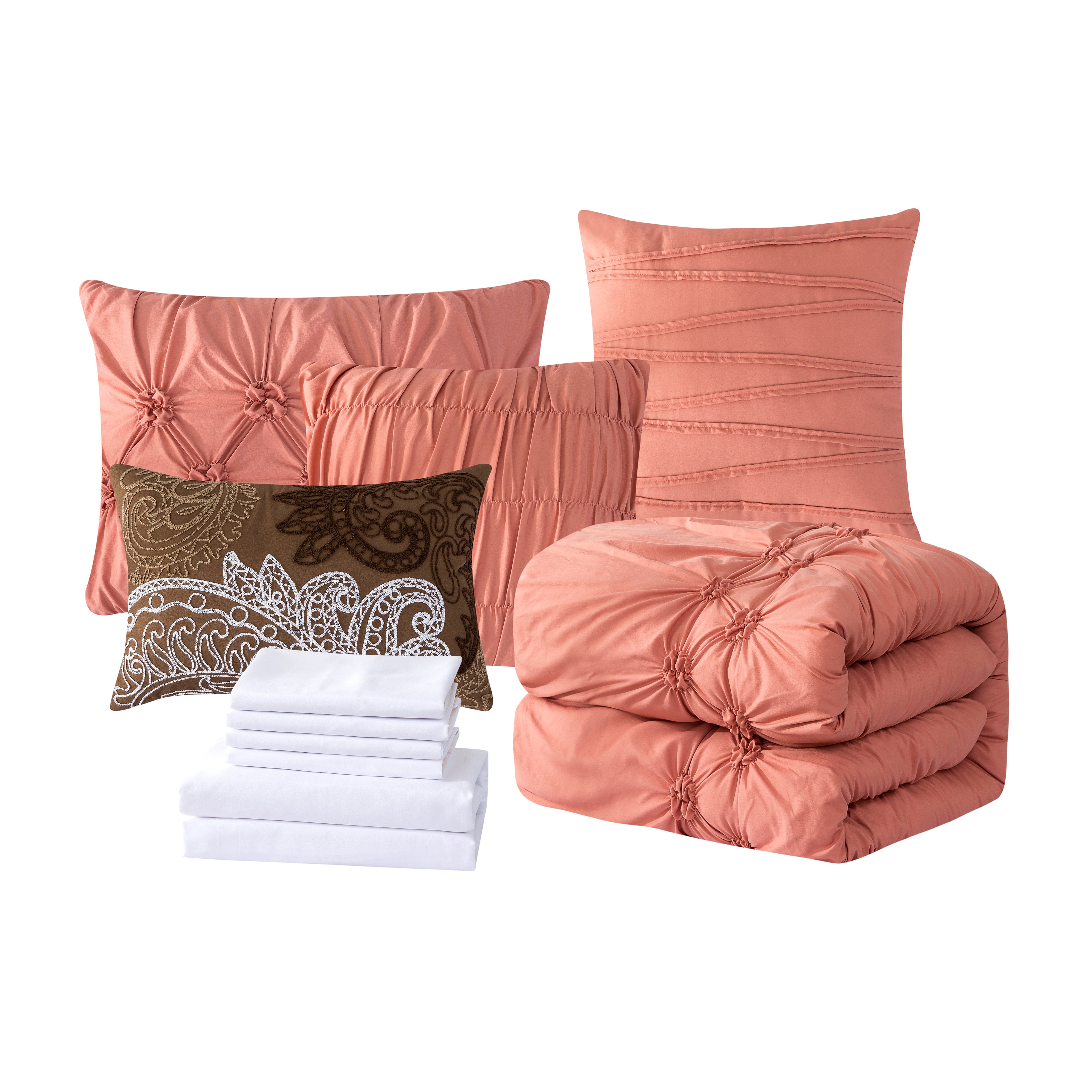 Everlaneas 12-Piece Ella Pleated Ruched Pintuck Comforter Set, Includes 6-Piece Sheet Set with Double Sided Storage Pockets