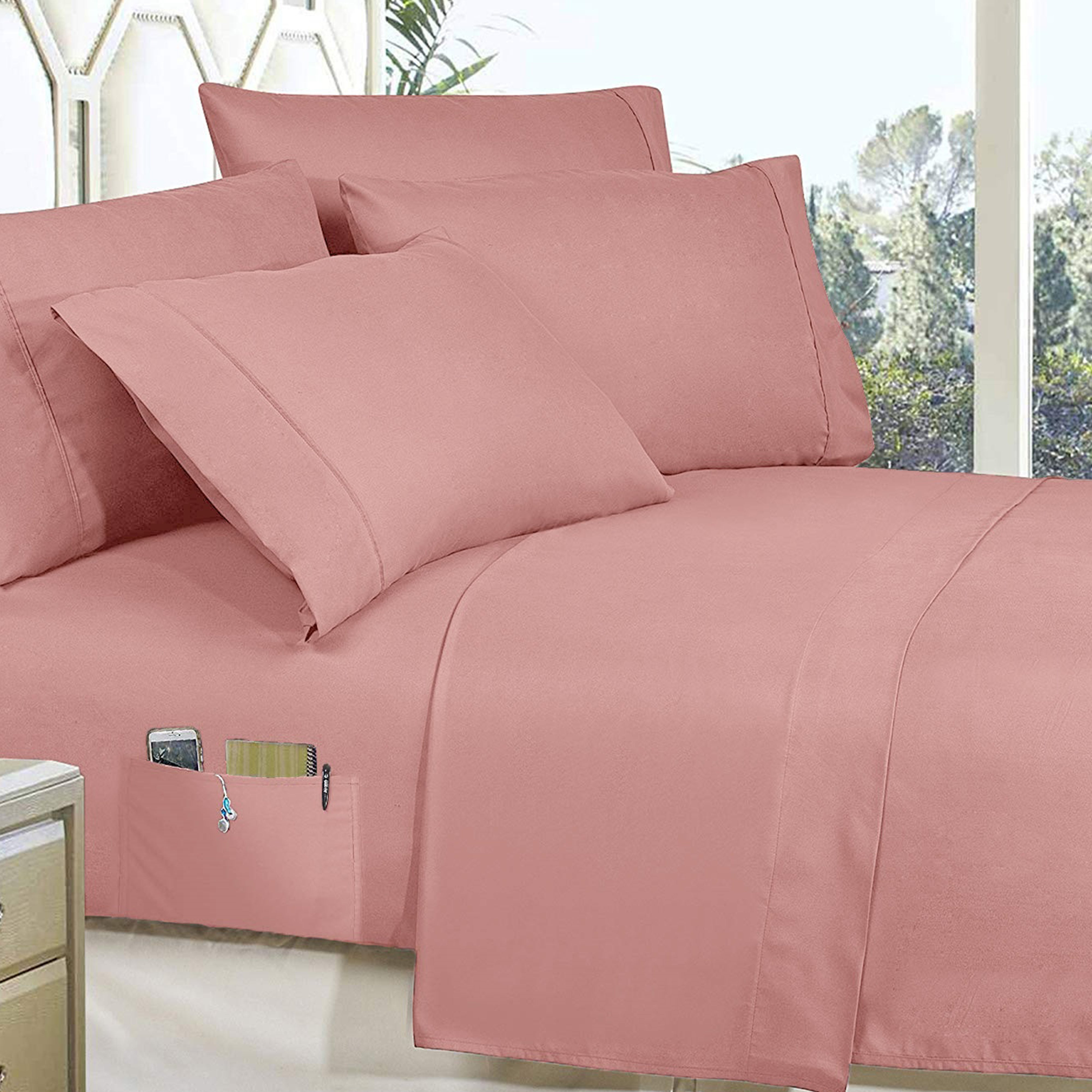Everlaneas 8-Piece Pintuck Pinch Pleated Comforter Set - Includes 4-Piece Sheet Set with Double Sided Storage Pockets