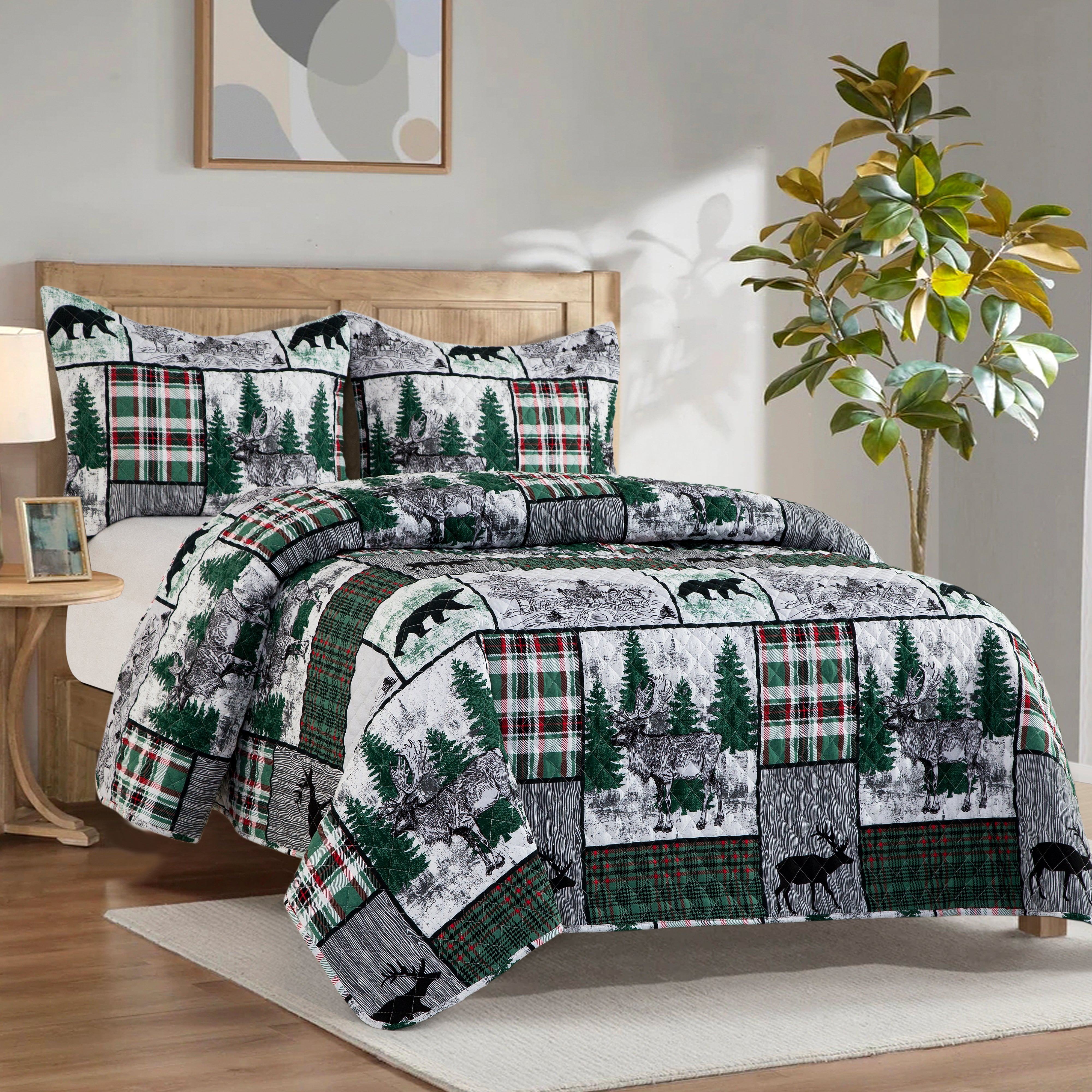 Everlaneas 3-Piece Patch Plaid Quilted Reversible Bedspread Coverlet Set