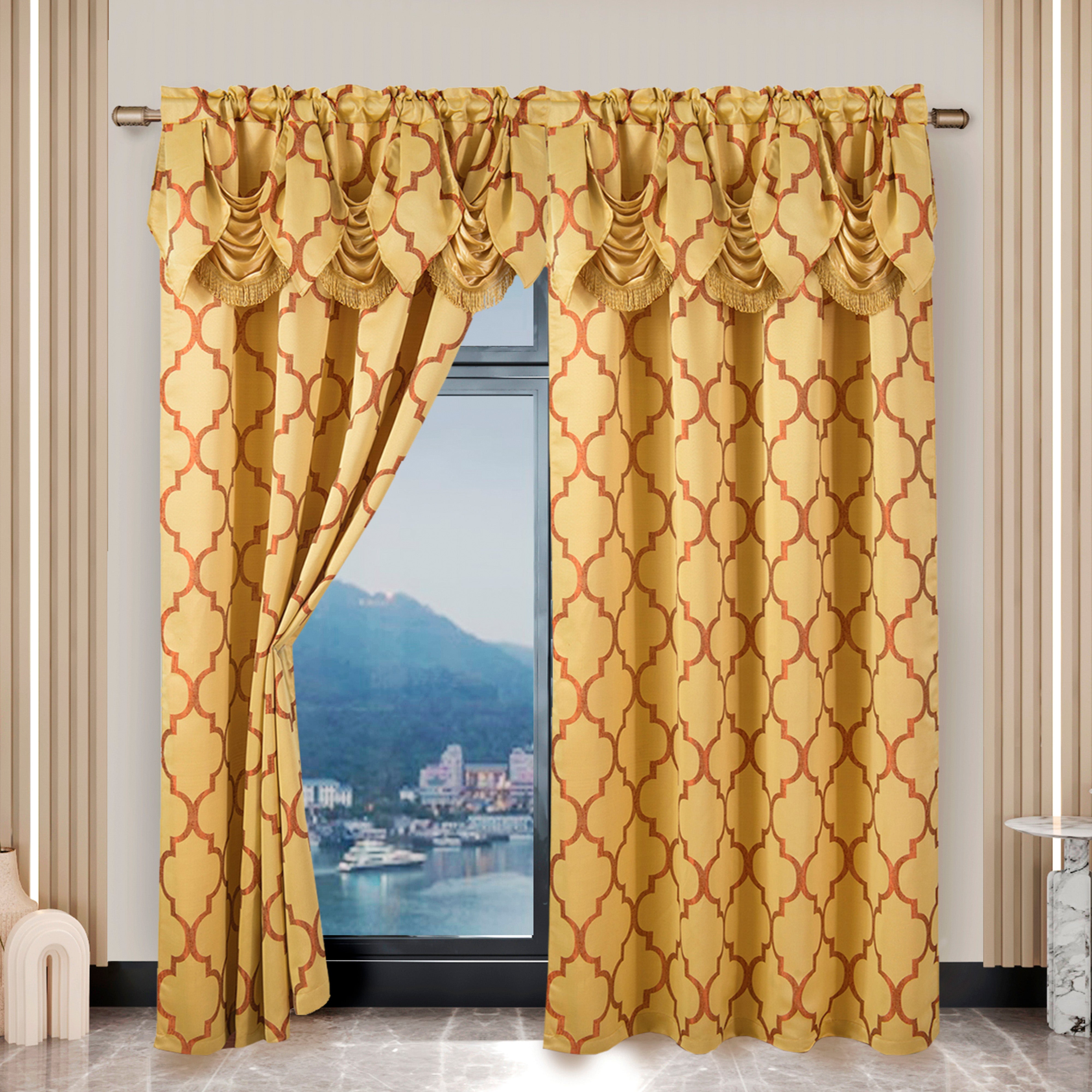 Everlaneas 2-Piece Quatrefoil - Moroccan Trellis Jacquard Look Curtain Panels- Attached Valance - 54" W x 84" L, Set of 2