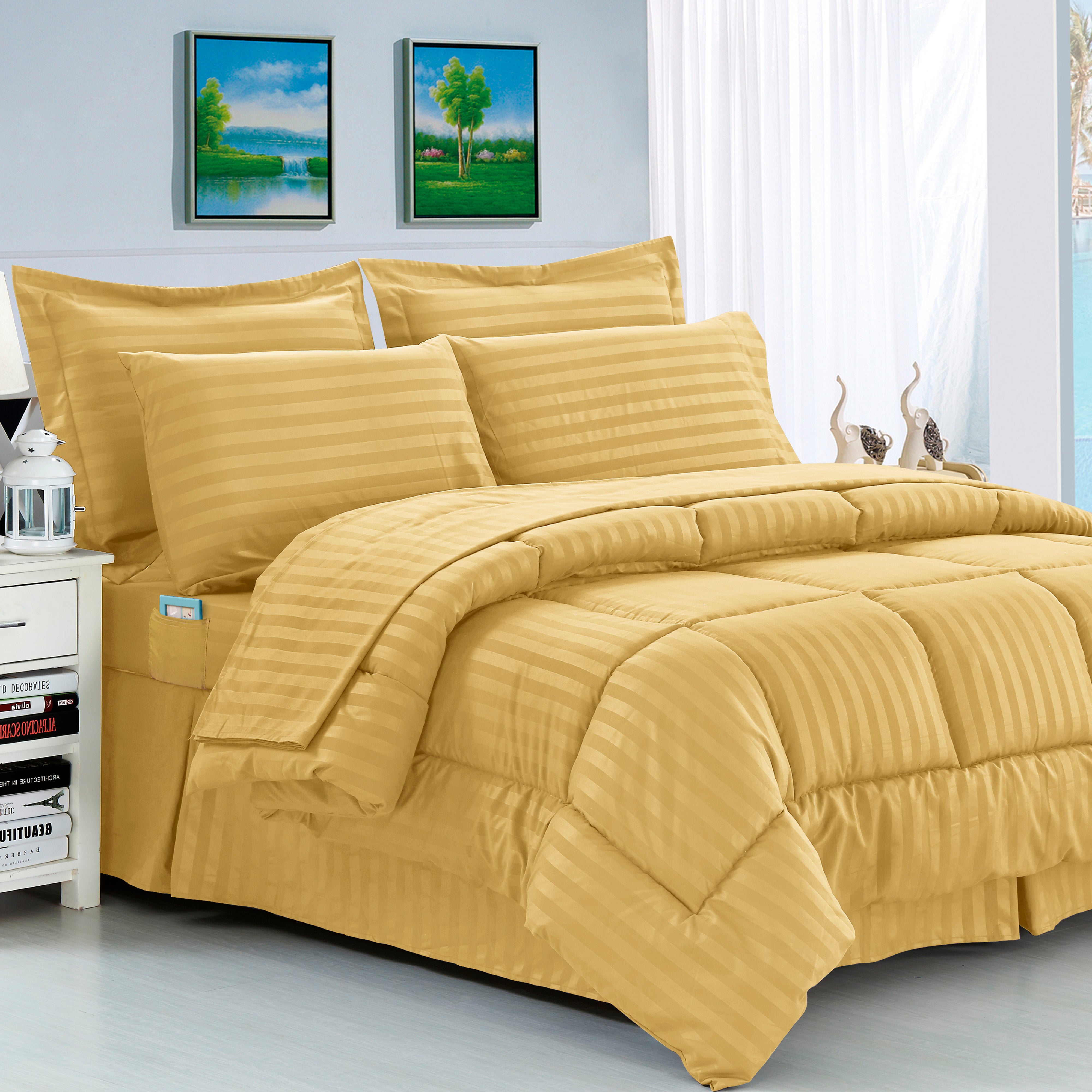 Everlaneas 8-Piece Dobby Stripe Comforter Set - Includes 4-Piece Sheet Set with Double Sided Storage Pockets