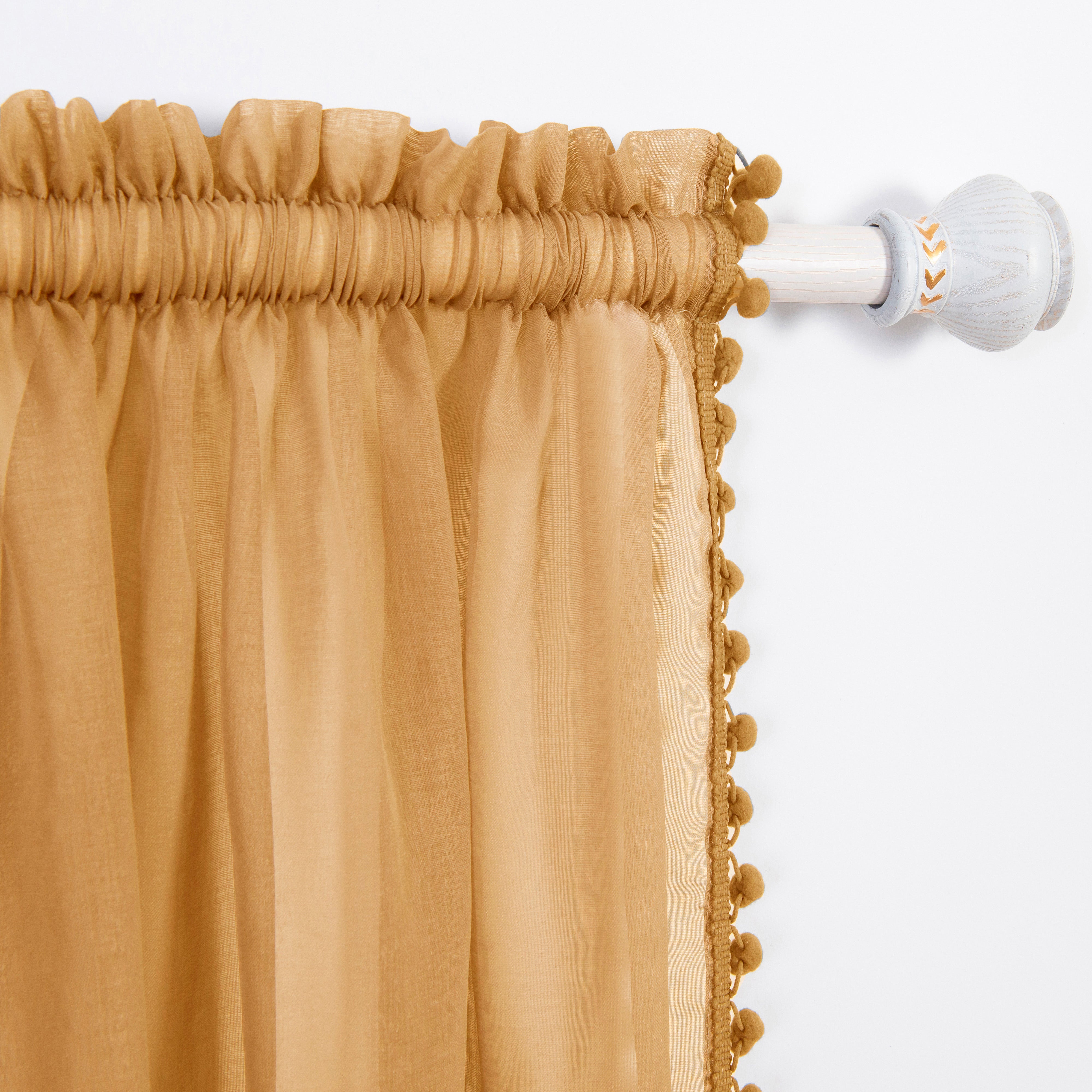 Everlaneas Set of 2 Pom Pom Tasseled Sheer Curtain - Rod Pocket