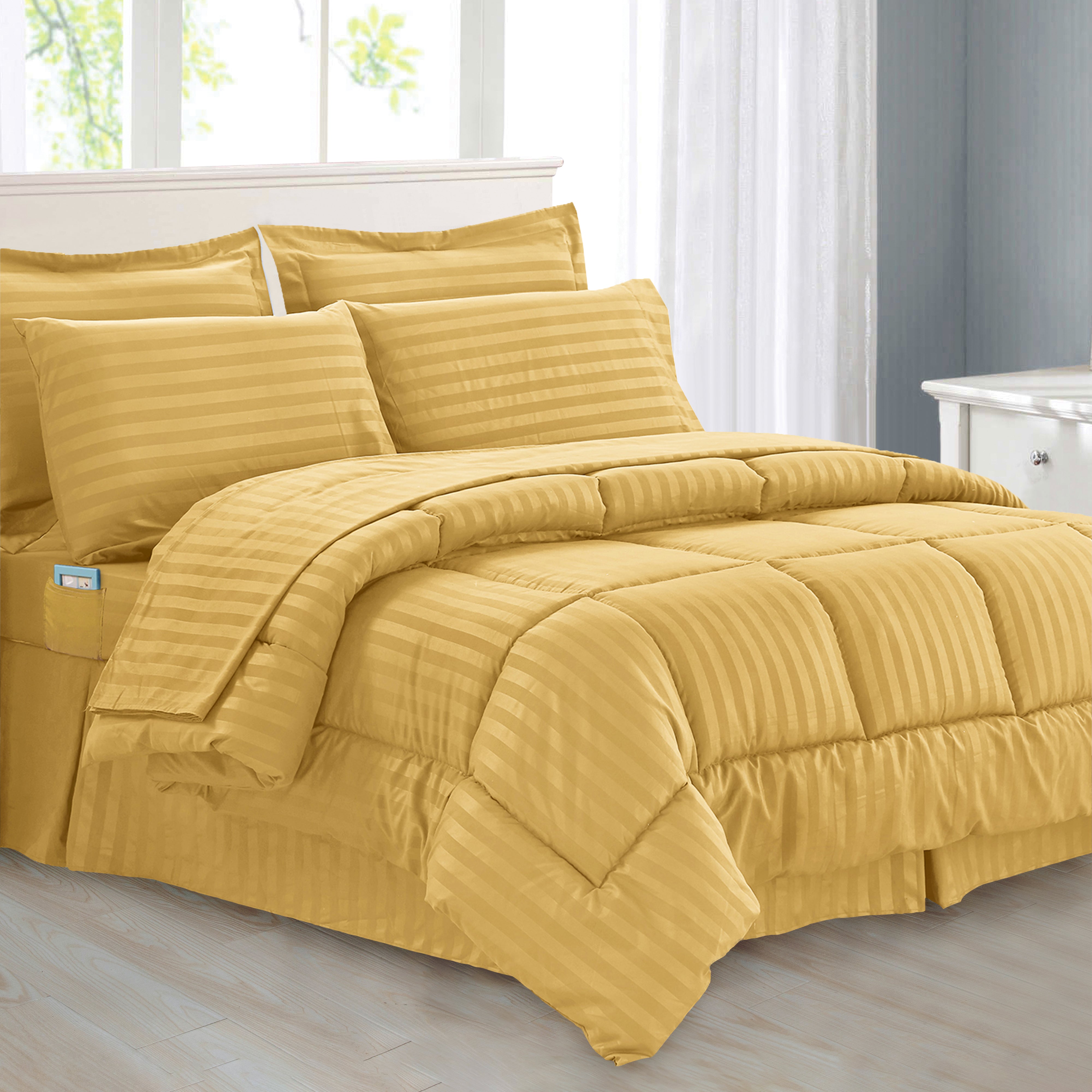 Everlaneas 8-Piece Dobby Stripe Comforter Set - Includes 4-Piece Sheet Set with Double Sided Storage Pockets