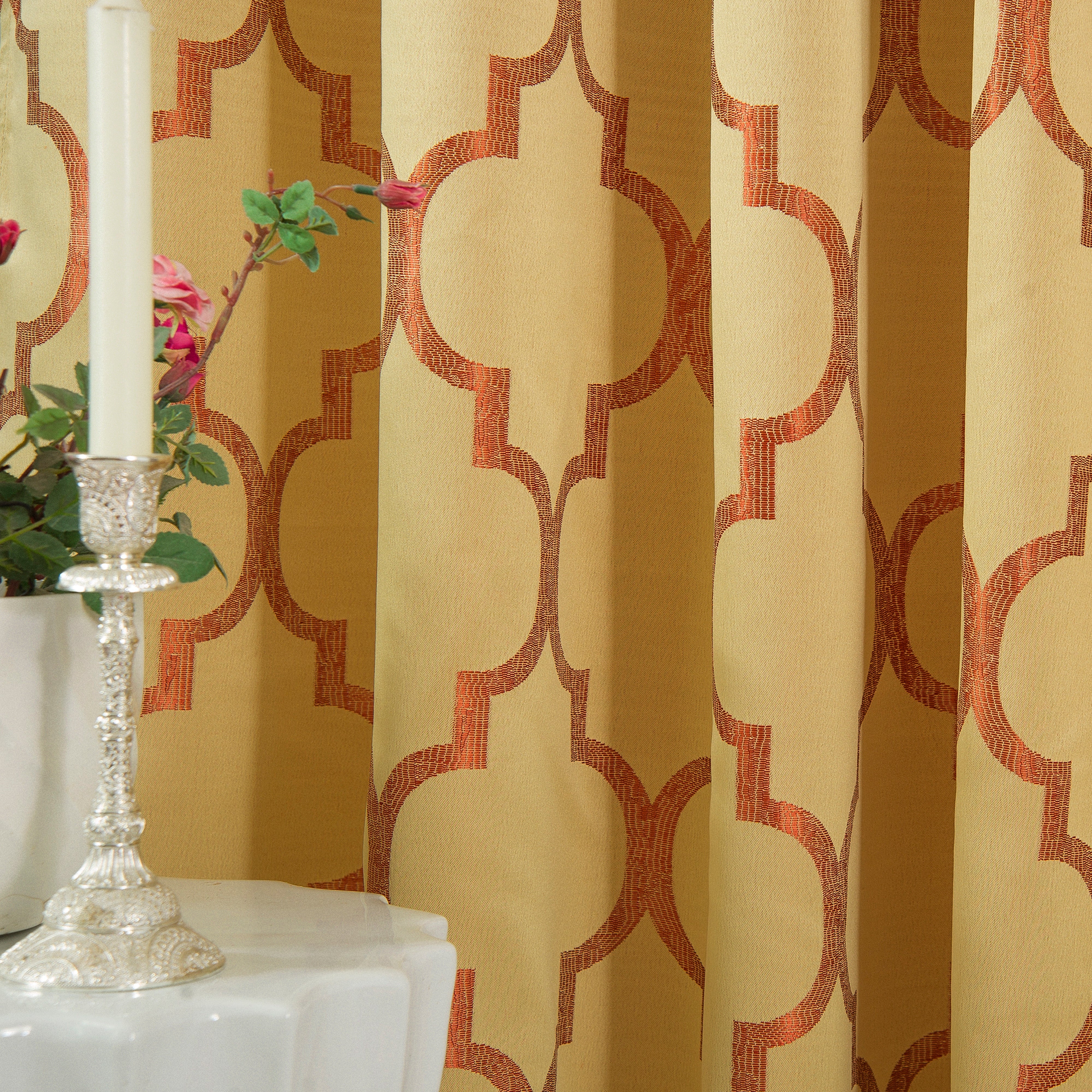 Everlaneas 2-Piece Quatrefoil - Moroccan Trellis Jacquard Look Curtain Panels- Attached Valance - 54" W x 84" L, Set of 2