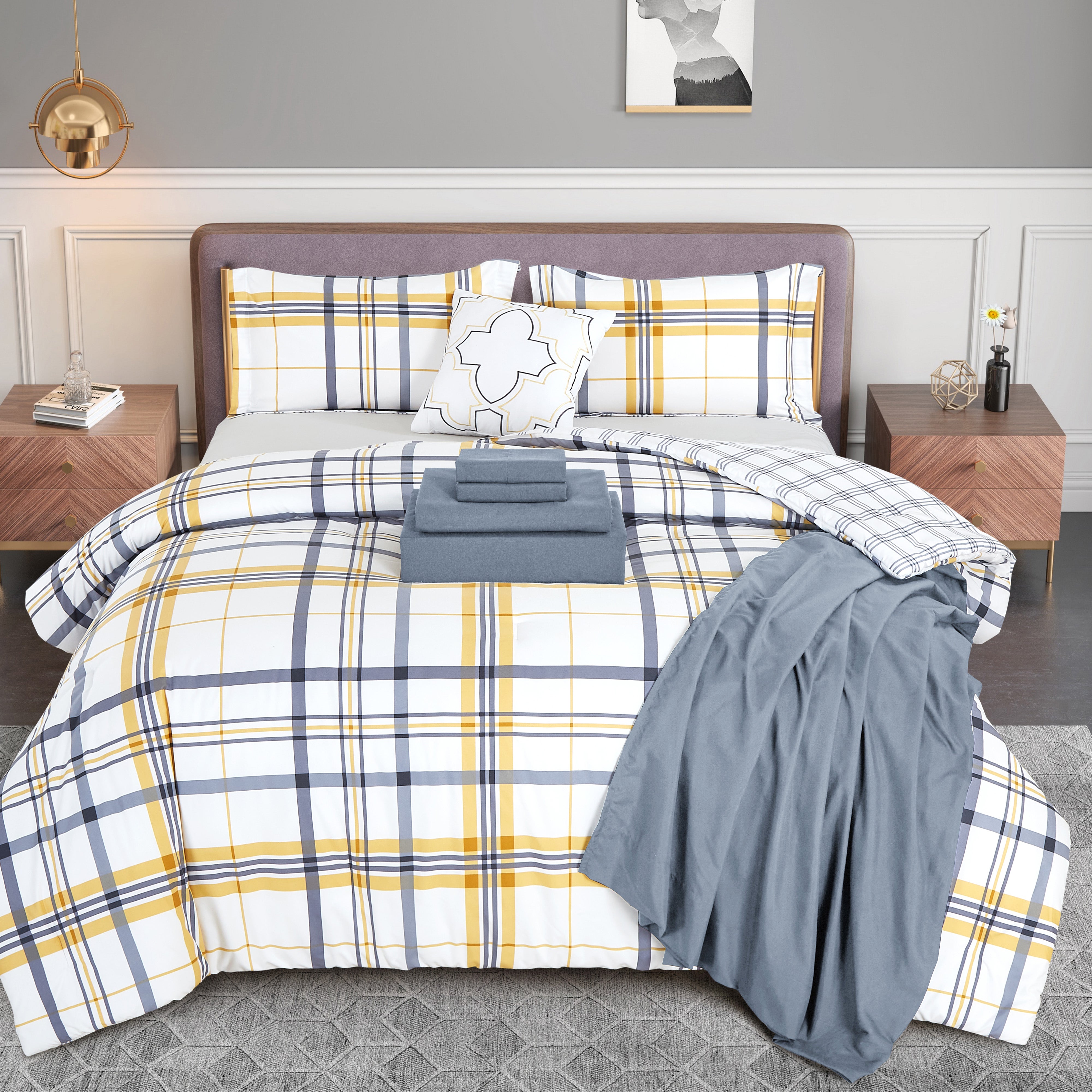 Everlaneas 8-Piece Lodge Plaid and Patch Reversible Comforter Set - Includes 4-Piece Sheet Set with Double Sided Storage Pockets