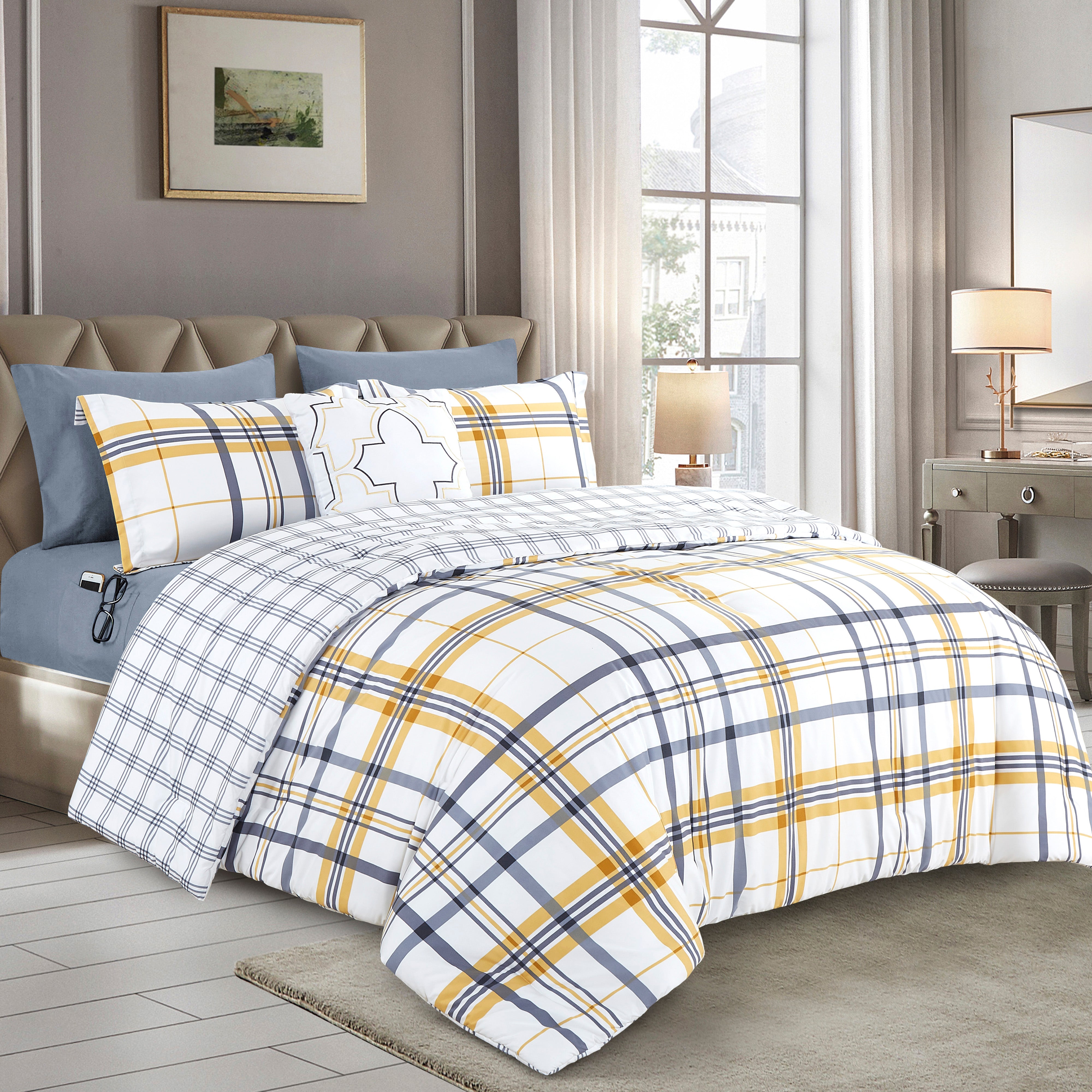 Everlaneas 8-Piece Lodge Plaid and Patch Reversible Comforter Set - Includes 4-Piece Sheet Set with Double Sided Storage Pockets