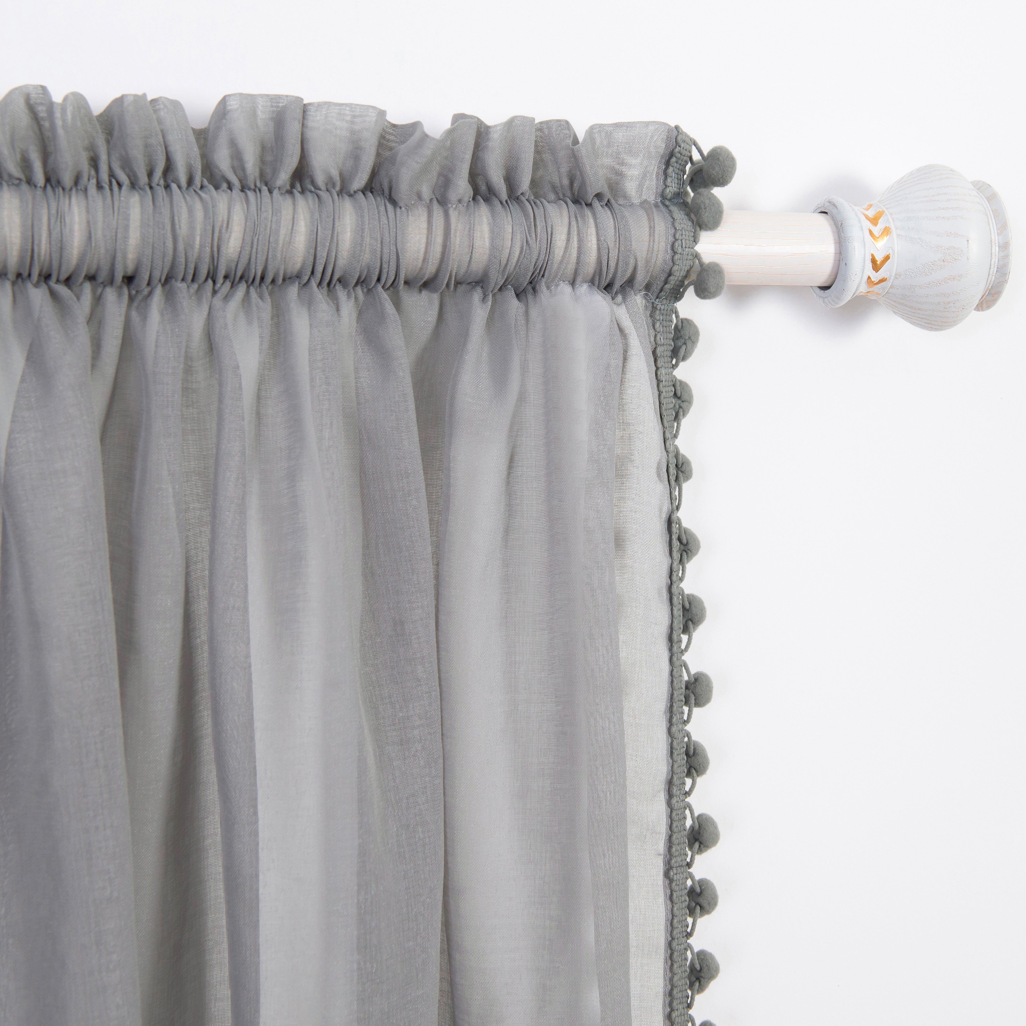 Everlaneas Set of 2 Pom Pom Tasseled Sheer Curtain - Rod Pocket