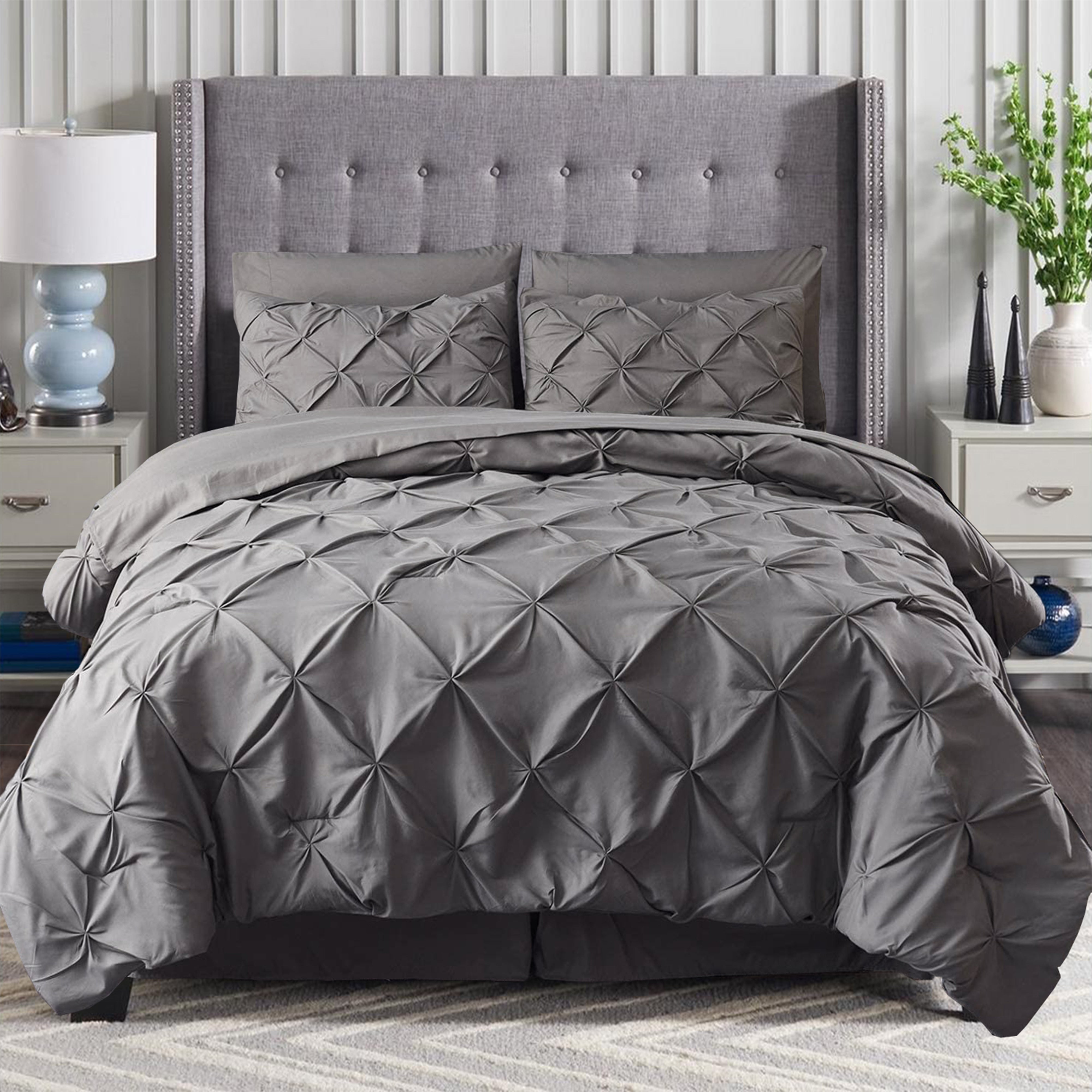 Everlaneas 8-Piece Pintuck Pinch Pleated Comforter Set - Includes 4-Piece Sheet Set with Double Sided Storage Pockets