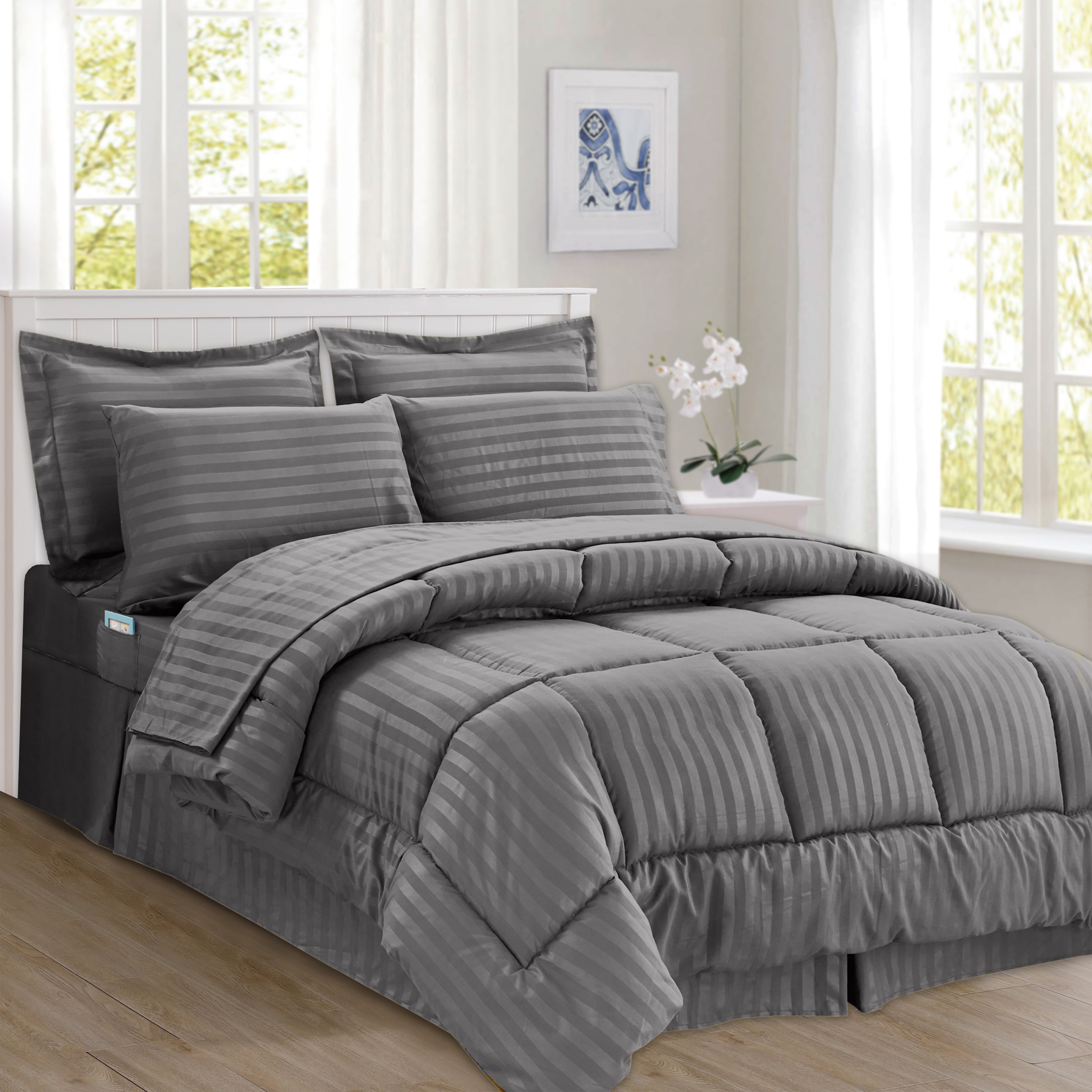 Everlaneas 8-Piece Dobby Stripe Comforter Set - Includes 4-Piece Sheet Set with Double Sided Storage Pockets