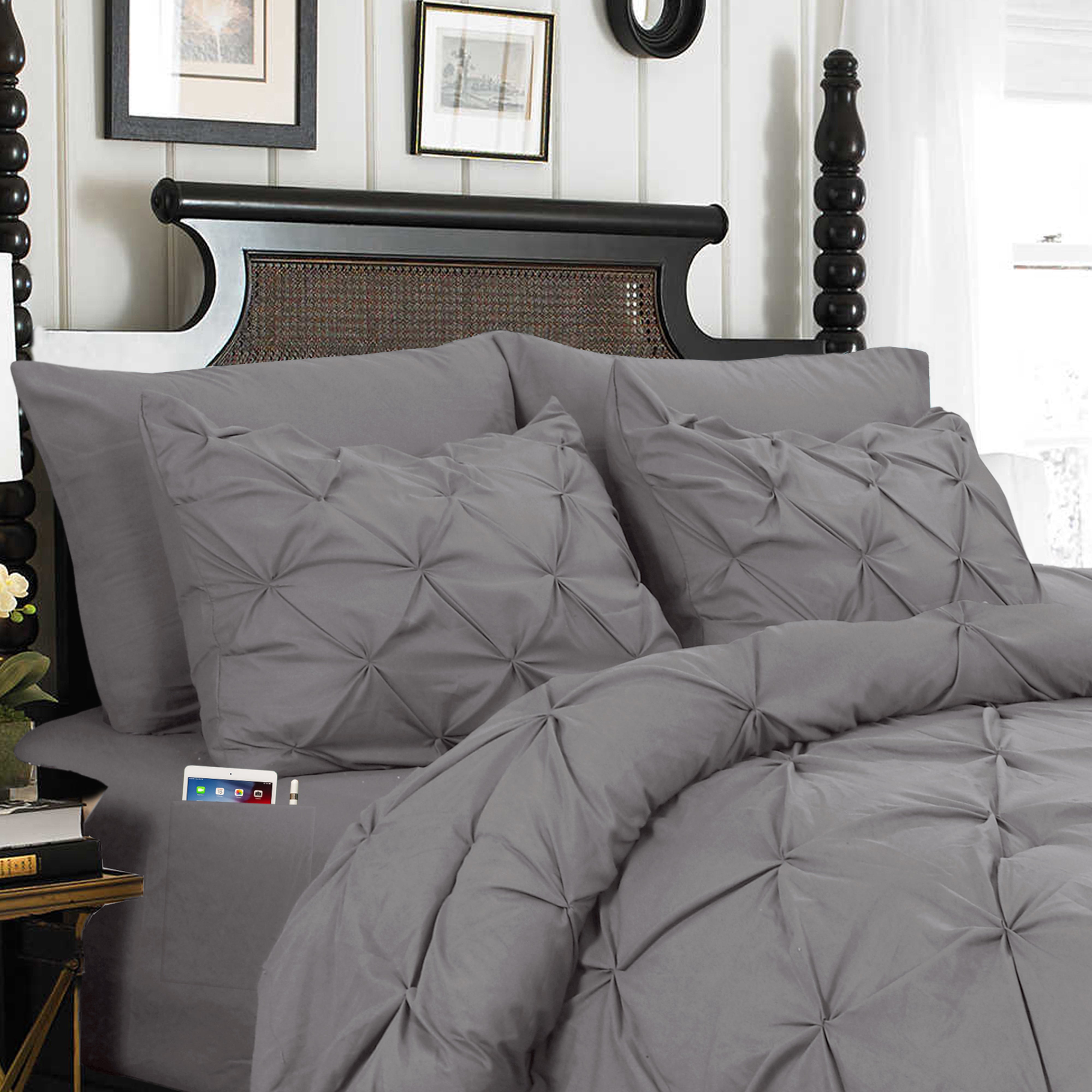 Everlaneas 8-Piece Pintuck Pinch Pleated Comforter Set - Includes 4-Piece Sheet Set with Double Sided Storage Pockets