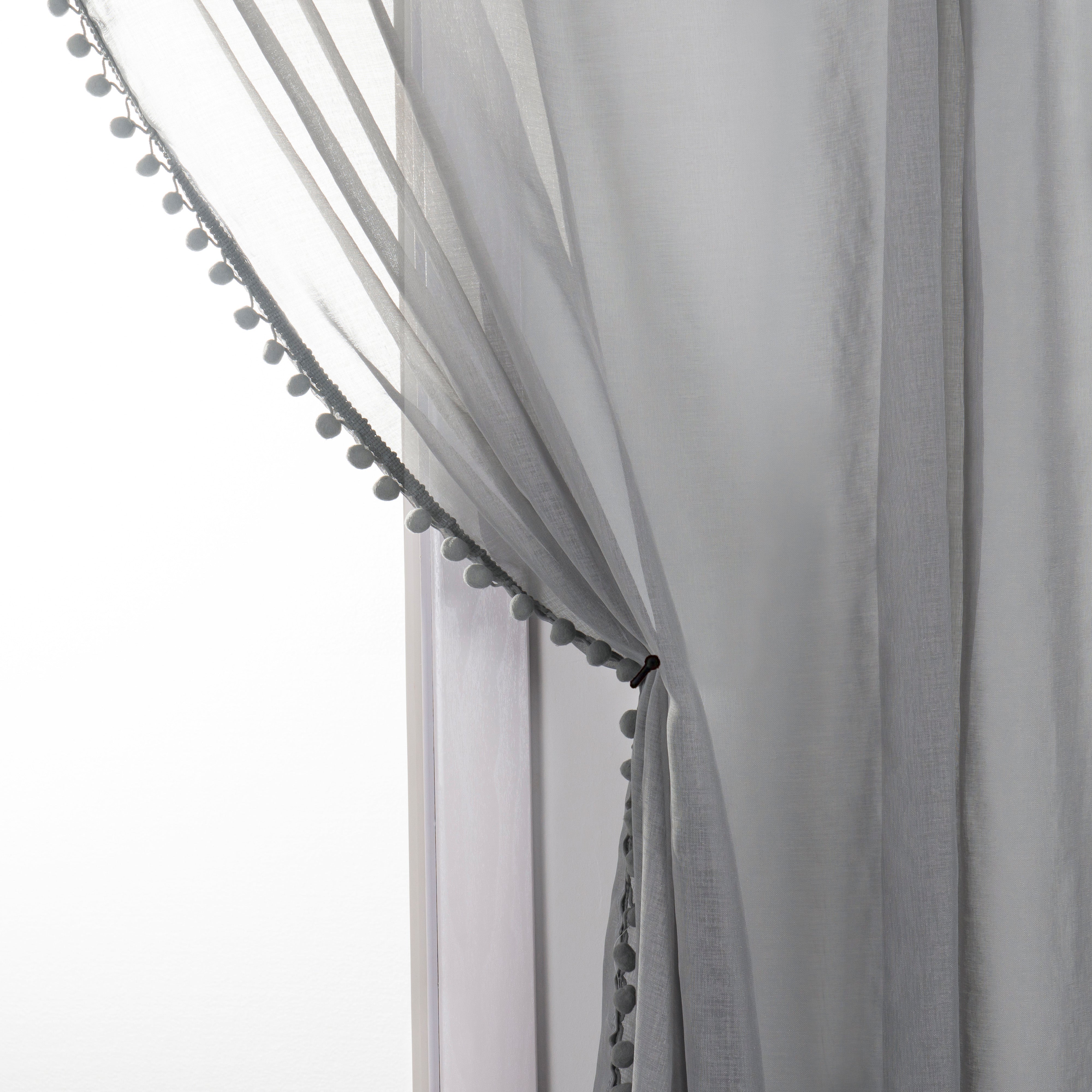 Everlaneas Set of 2 Pom Pom Tasseled Sheer Curtain - Rod Pocket