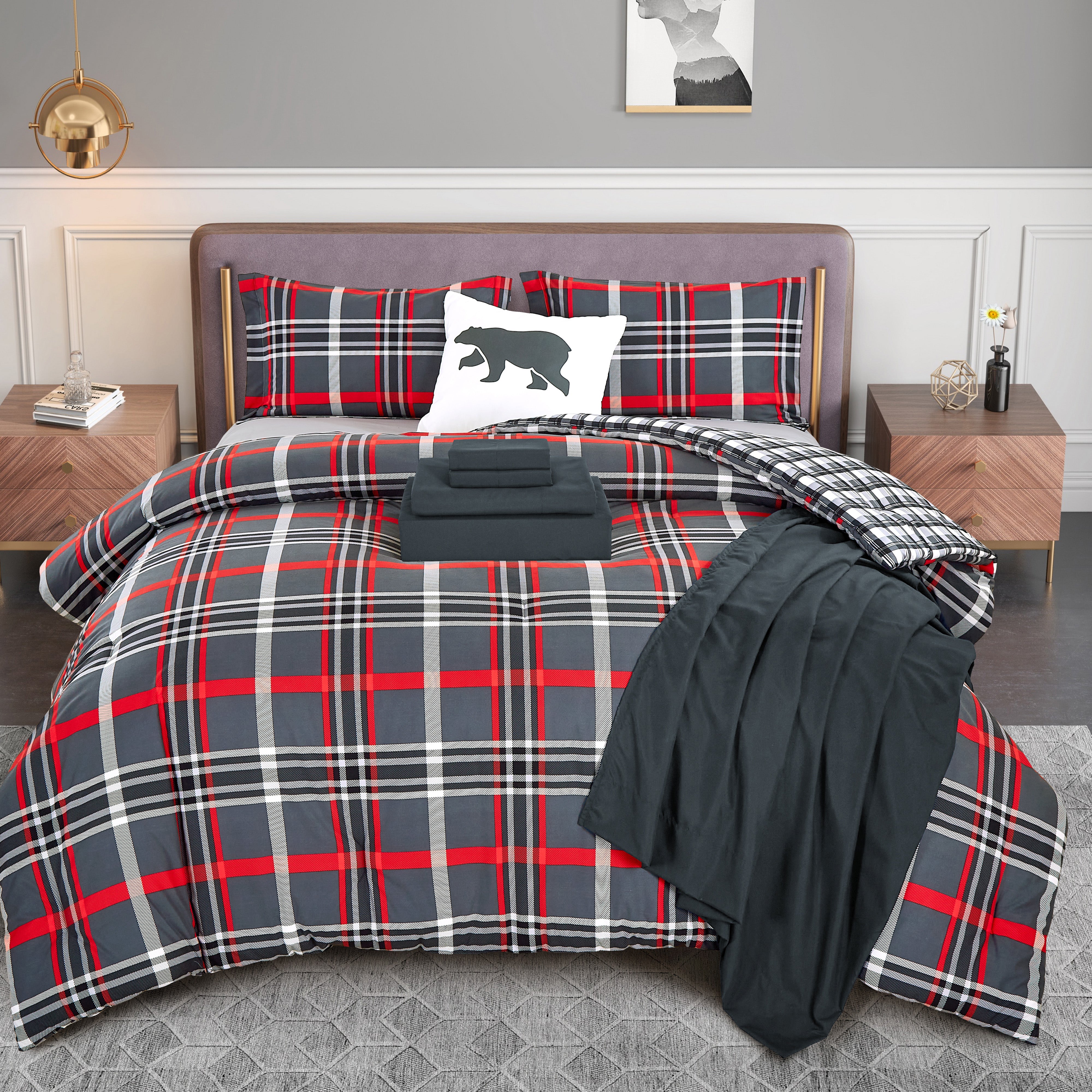 Everlaneas 8-Piece Lodge Plaid and Patch Reversible Comforter Set - Includes 4-Piece Sheet Set with Double Sided Storage Pockets