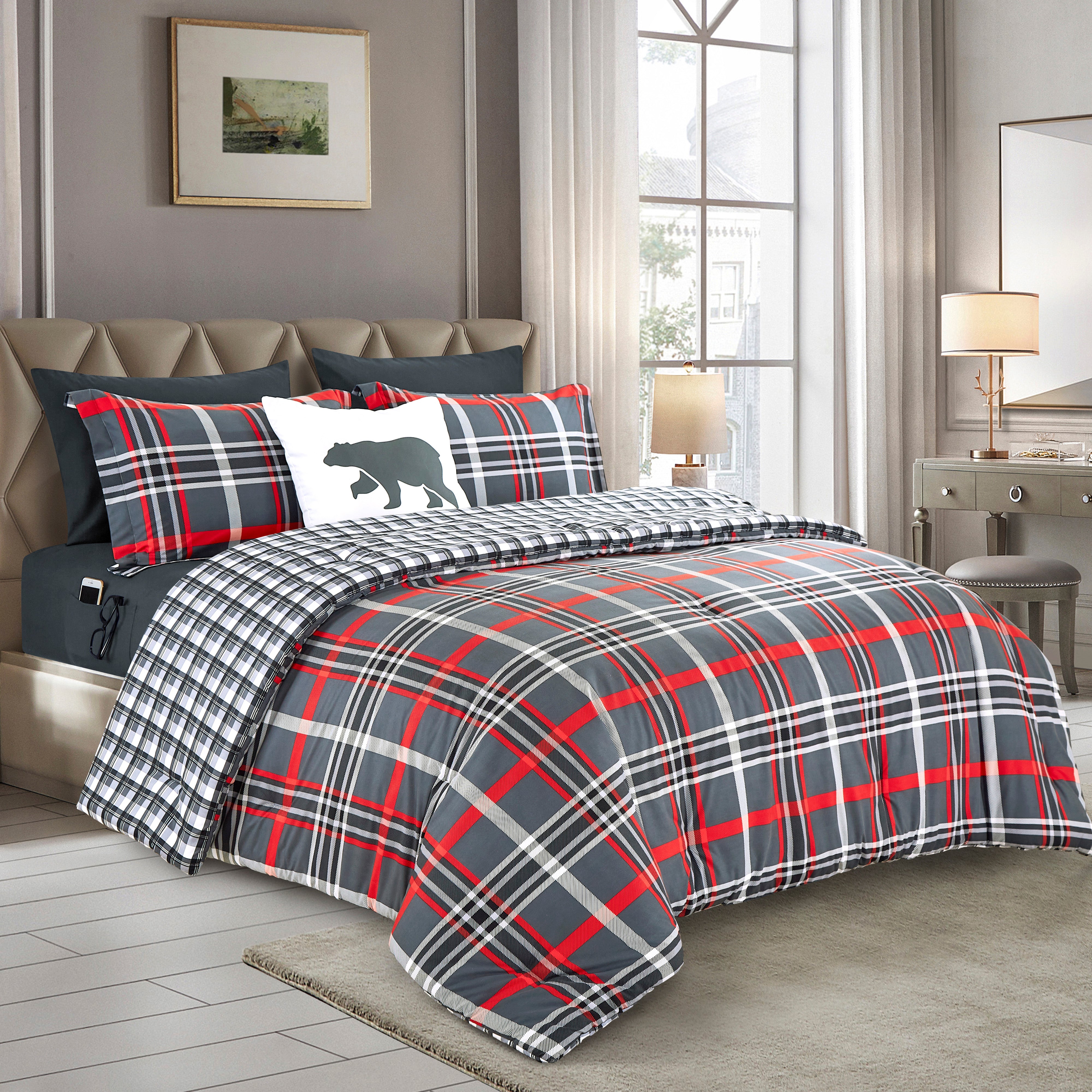 Everlaneas 8-Piece Lodge Plaid and Patch Reversible Comforter Set - Includes 4-Piece Sheet Set with Double Sided Storage Pockets