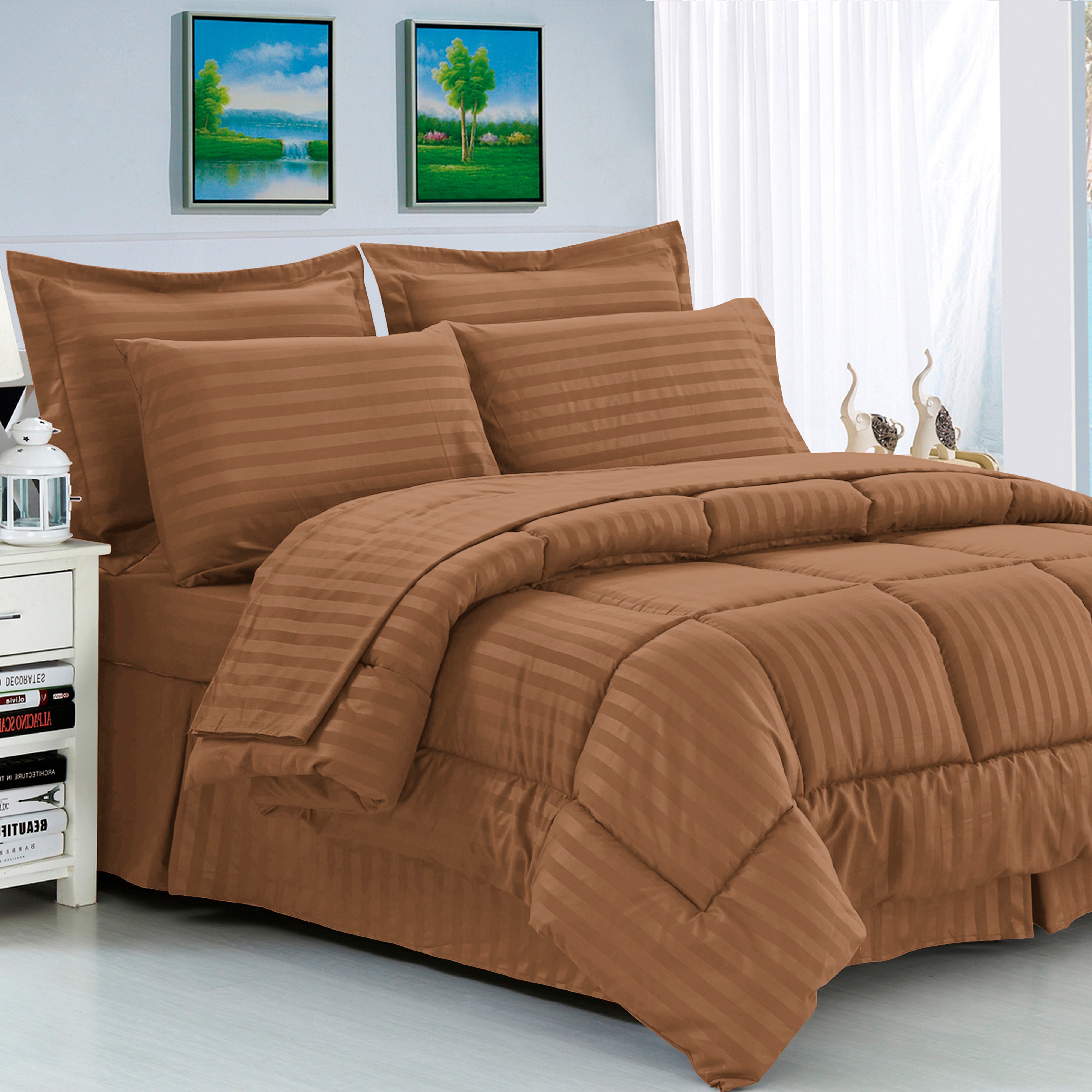 Everlaneas 8-Piece Dobby Stripe Comforter Set - Includes 4-Piece Sheet Set with Double Sided Storage Pockets