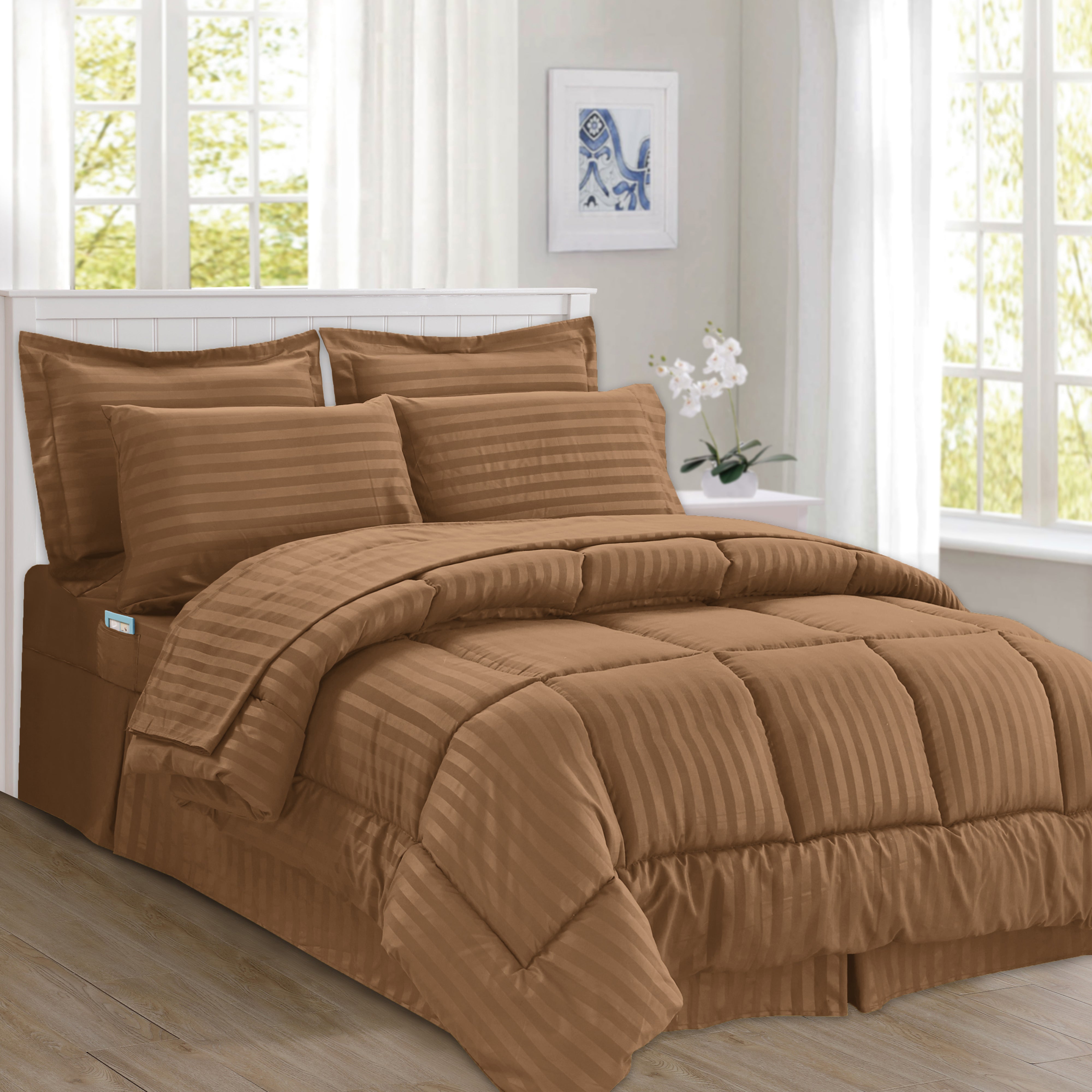 Everlaneas 8-Piece Dobby Stripe Comforter Set - Includes 4-Piece Sheet Set with Double Sided Storage Pockets
