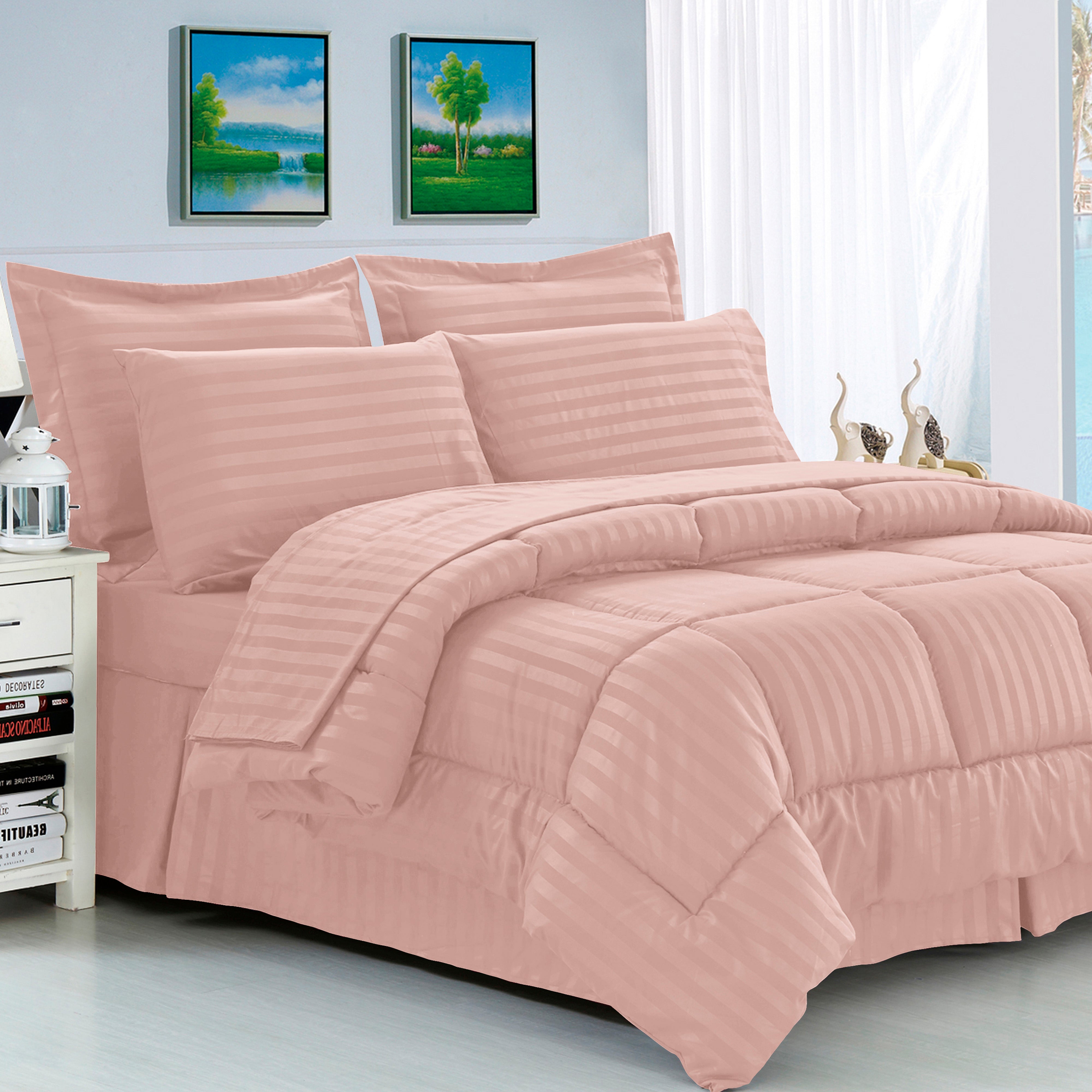 Everlaneas 8-Piece Dobby Stripe Comforter Set - Includes 4-Piece Sheet Set with Double Sided Storage Pockets