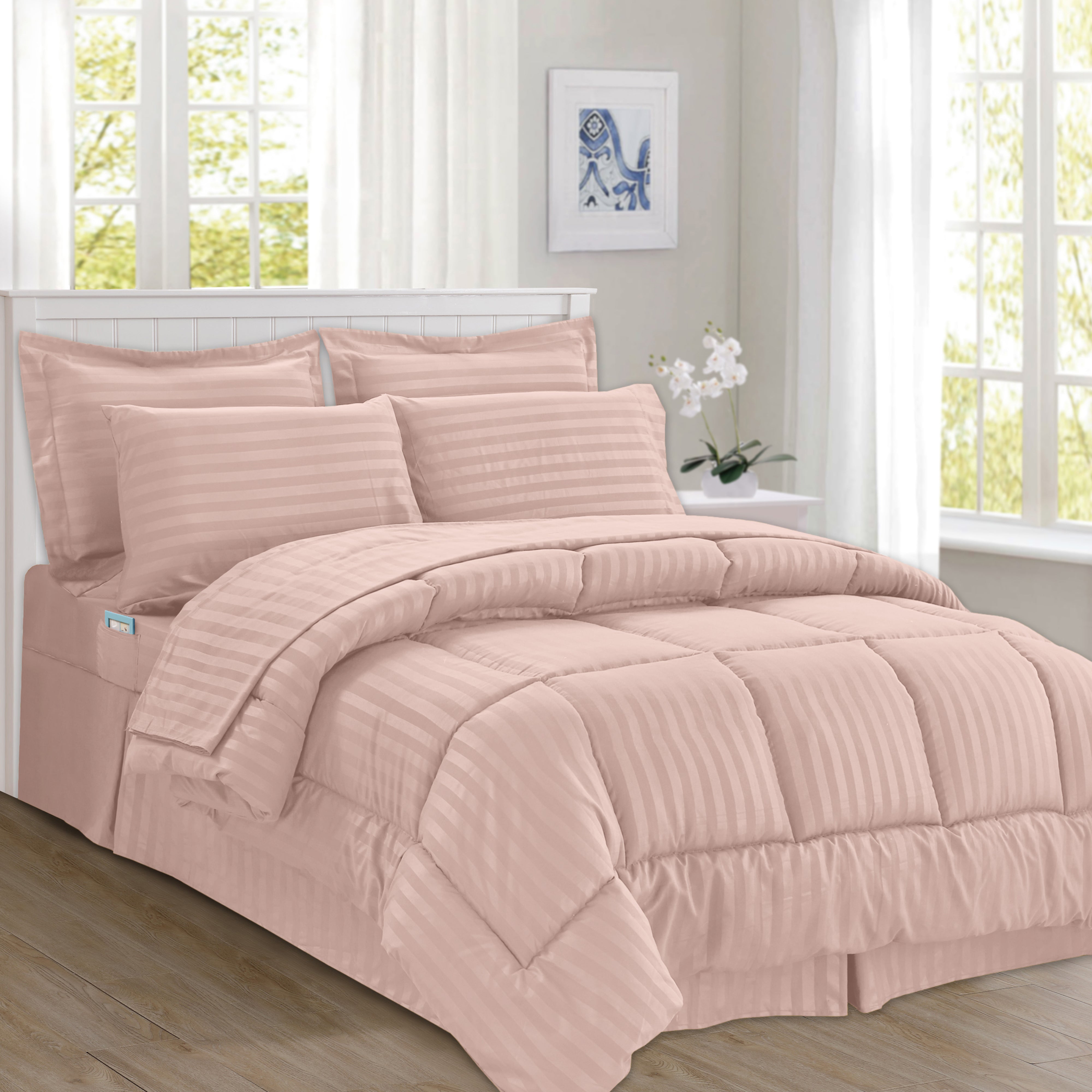 Everlaneas 8-Piece Dobby Stripe Comforter Set - Includes 4-Piece Sheet Set with Double Sided Storage Pockets