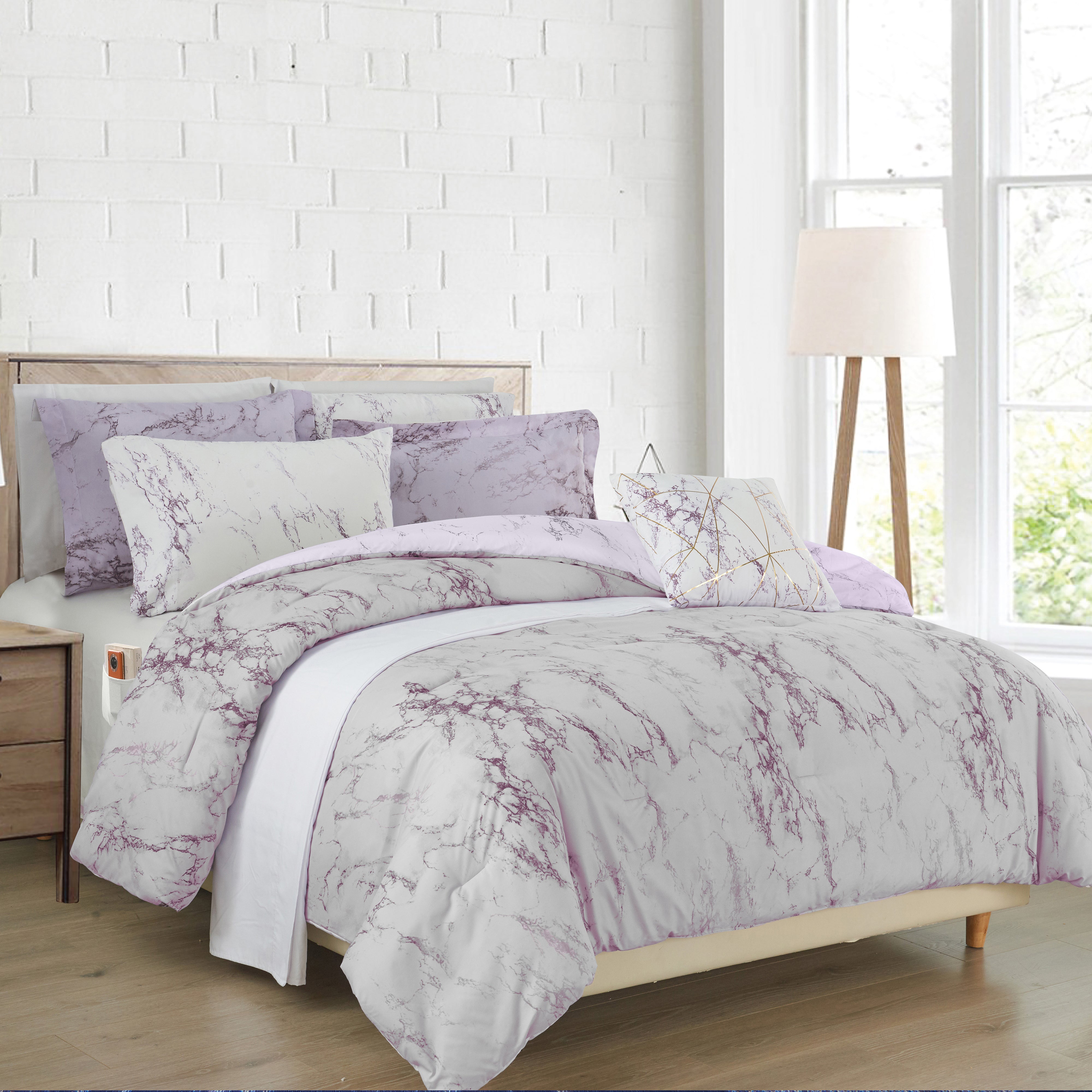 Everlaneas Reversible 10-Piece Marble Print Comforter Set, Includes 6-Piece Sheet Set with Double Sided Storage Pockets