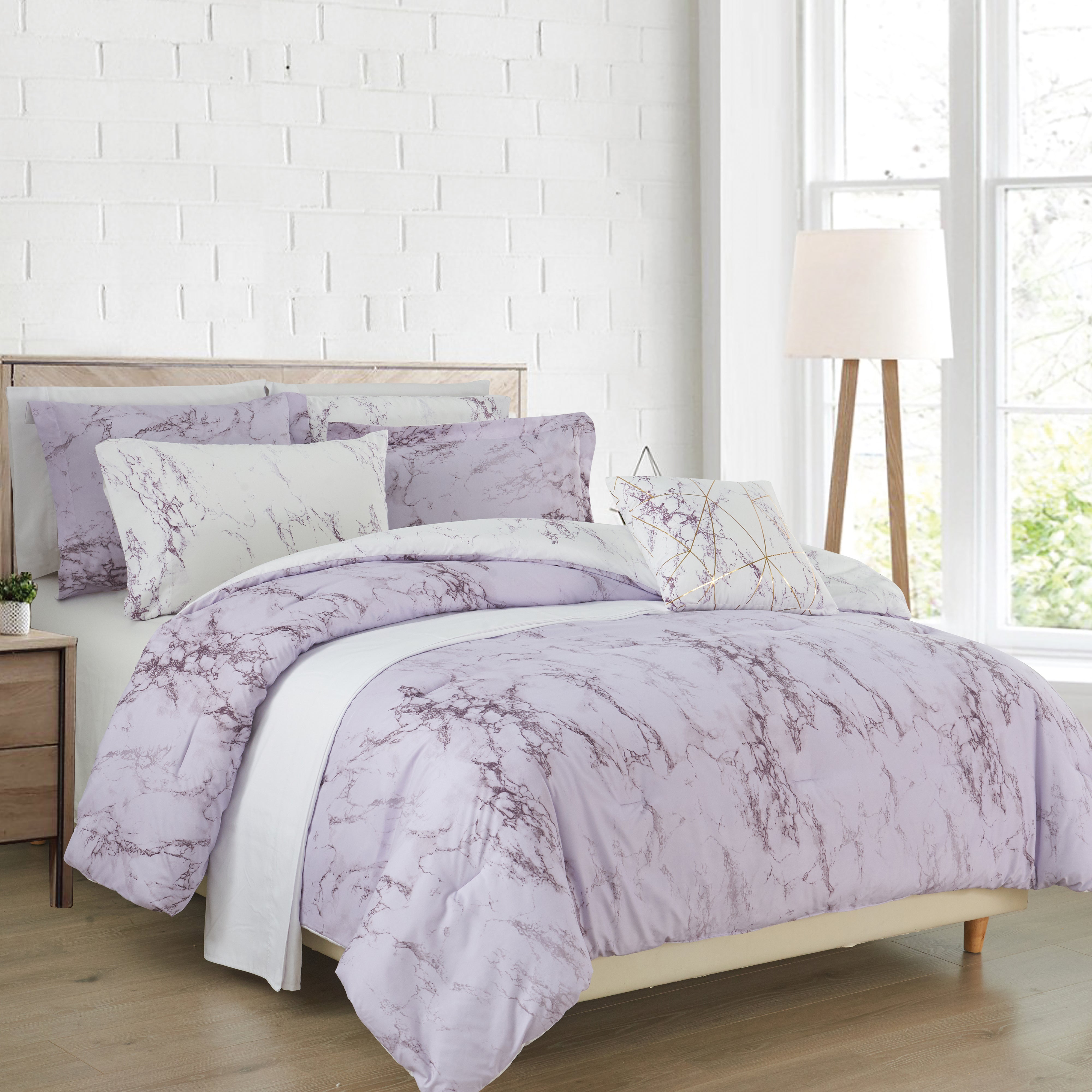 Everlaneas Reversible 10-Piece Marble Print Comforter Set, Includes 6-Piece Sheet Set with Double Sided Storage Pockets