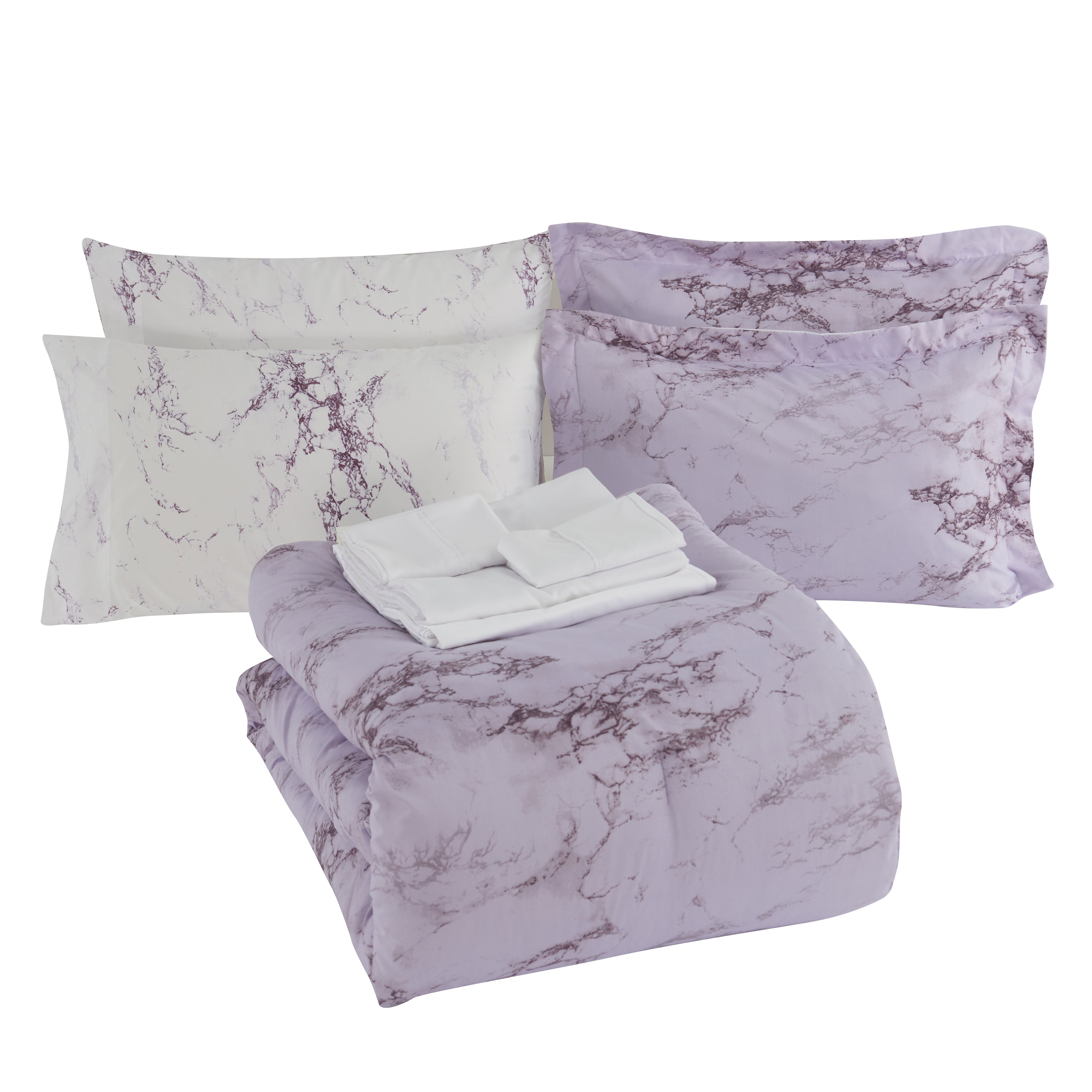 Everlaneas Reversible 10-Piece Marble Print Comforter Set, Includes 6-Piece Sheet Set with Double Sided Storage Pockets