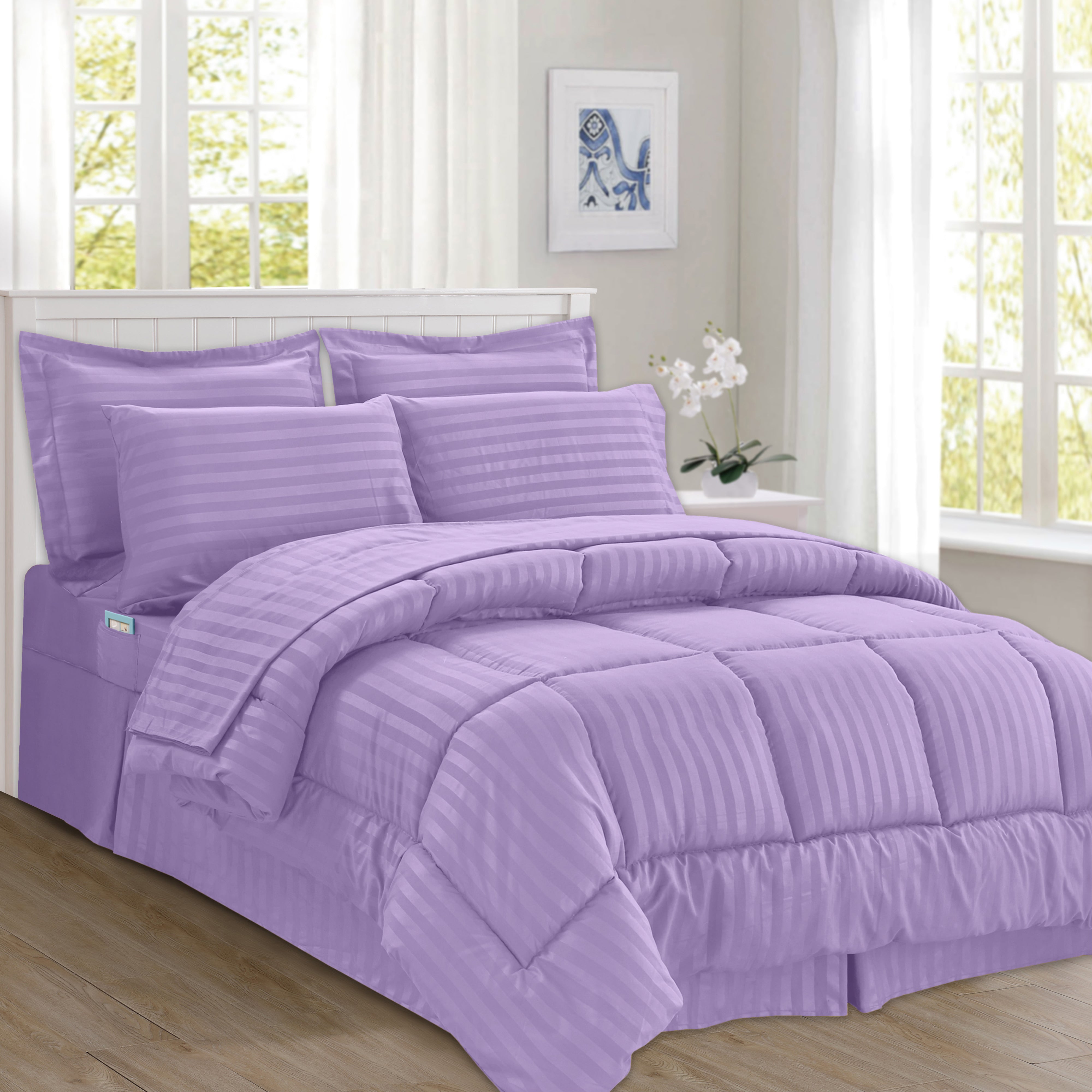 Everlaneas 8-Piece Dobby Stripe Comforter Set - Includes 4-Piece Sheet Set with Double Sided Storage Pockets