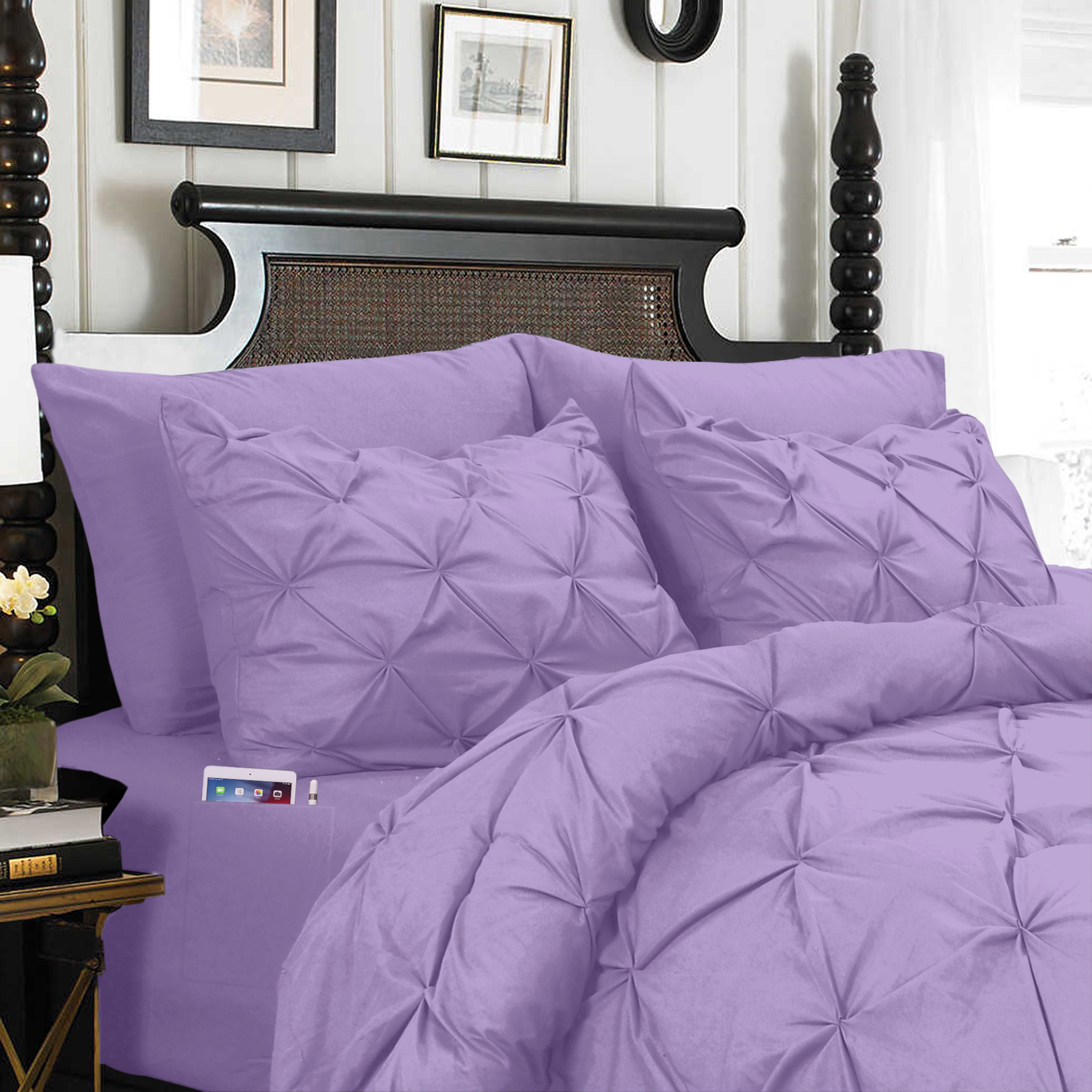 Everlaneas 8-Piece Pintuck Pinch Pleated Comforter Set - Includes 4-Piece Sheet Set with Double Sided Storage Pockets