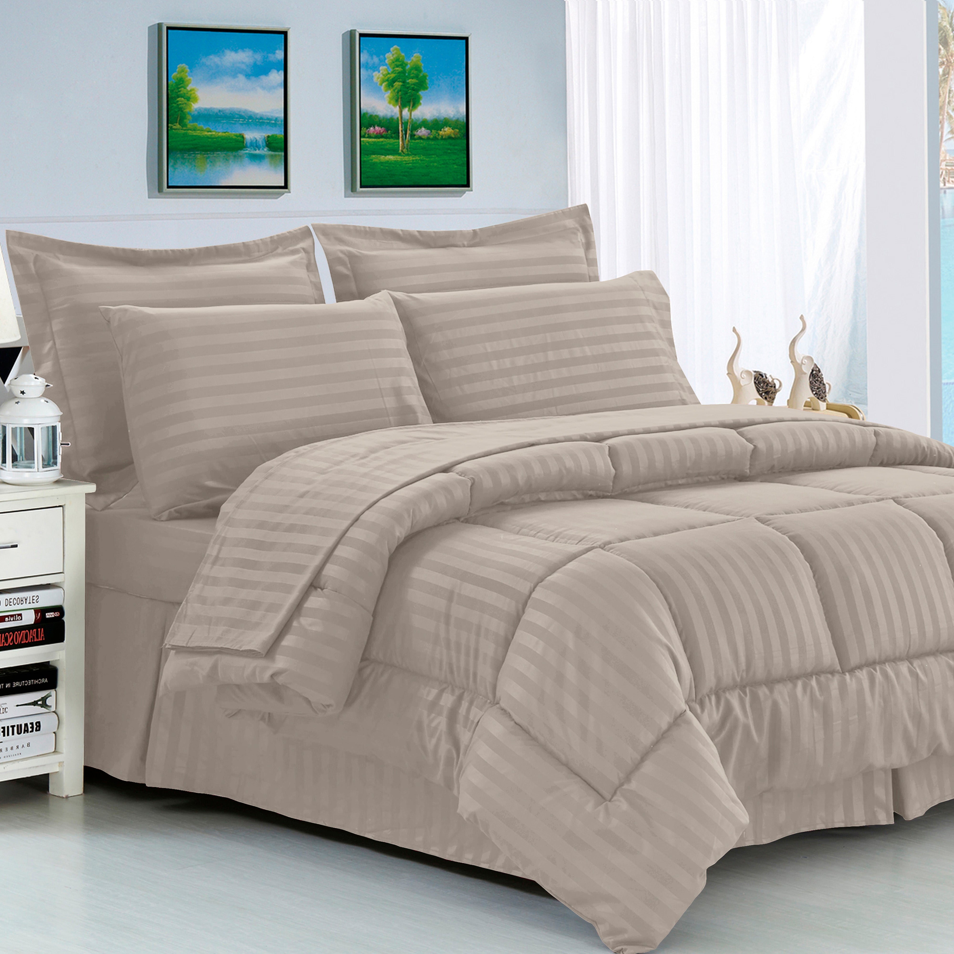 Everlaneas 8-Piece Dobby Stripe Comforter Set - Includes 4-Piece Sheet Set with Double Sided Storage Pockets