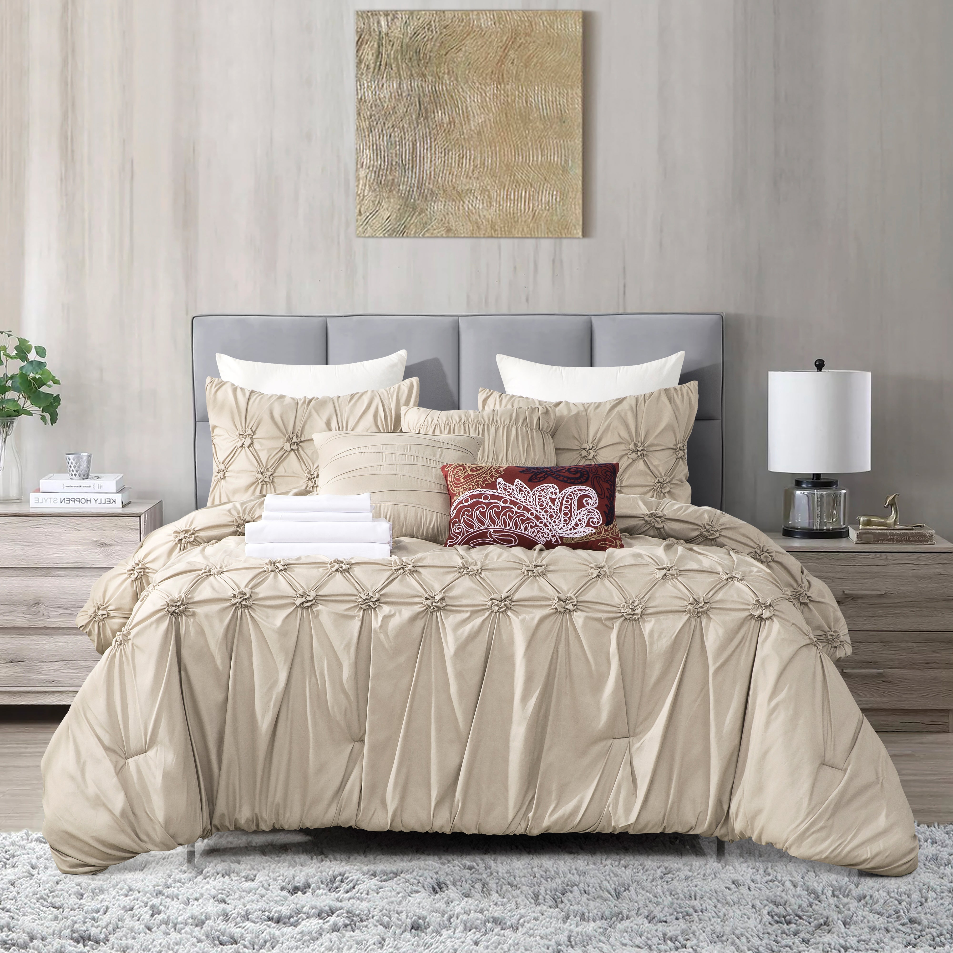 Everlaneas 12-Piece Ella Pleated Ruched Pintuck Comforter Set, Includes 6-Piece Sheet Set with Double Sided Storage Pockets